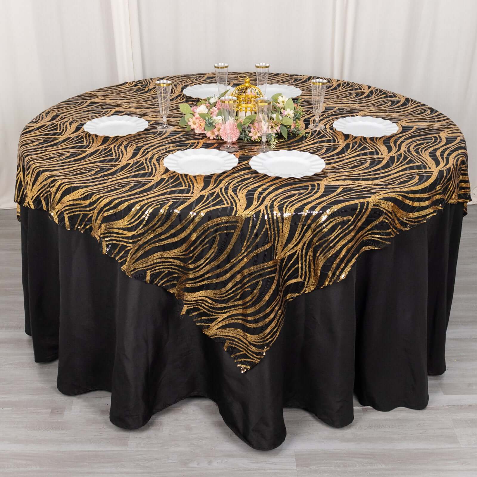 Black Gold Square Mesh Table Overlay with Wave Embroidered Sequins - Exclusive Offer