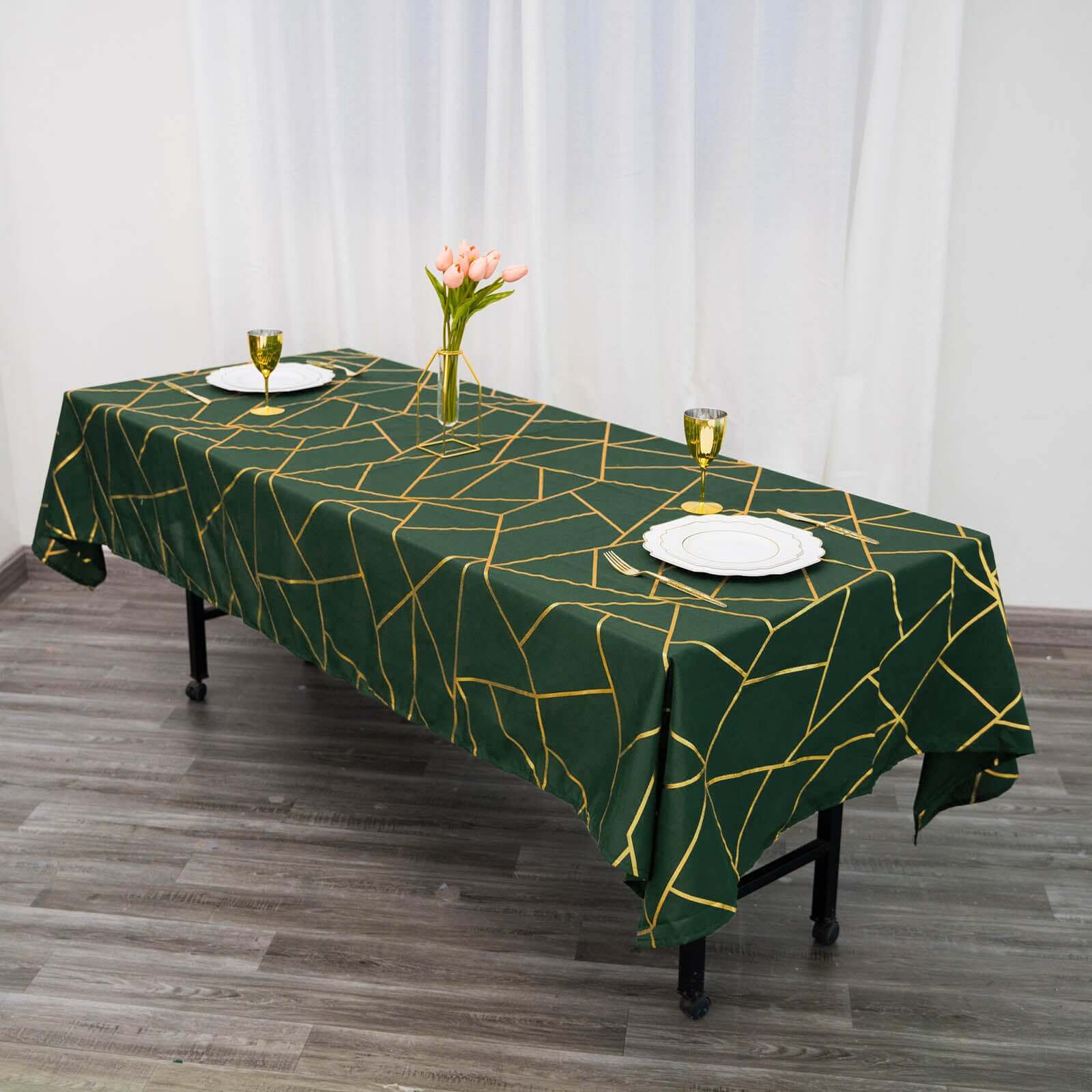 Wrinkle-Resistant & Durable Polyester Tablecloth in Hunter Emerald Green with Gold Foil Geometric Design