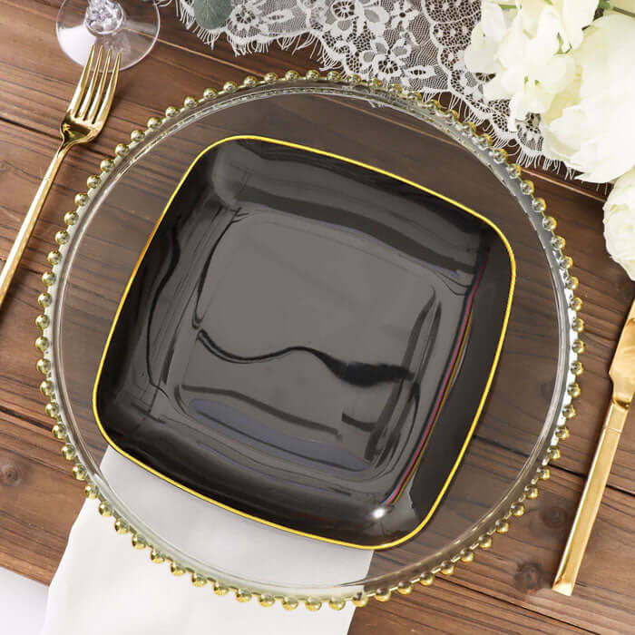 10-Pack Classy Disposable Black Plastic Dinner Plates with Gold Rim, 10 Square