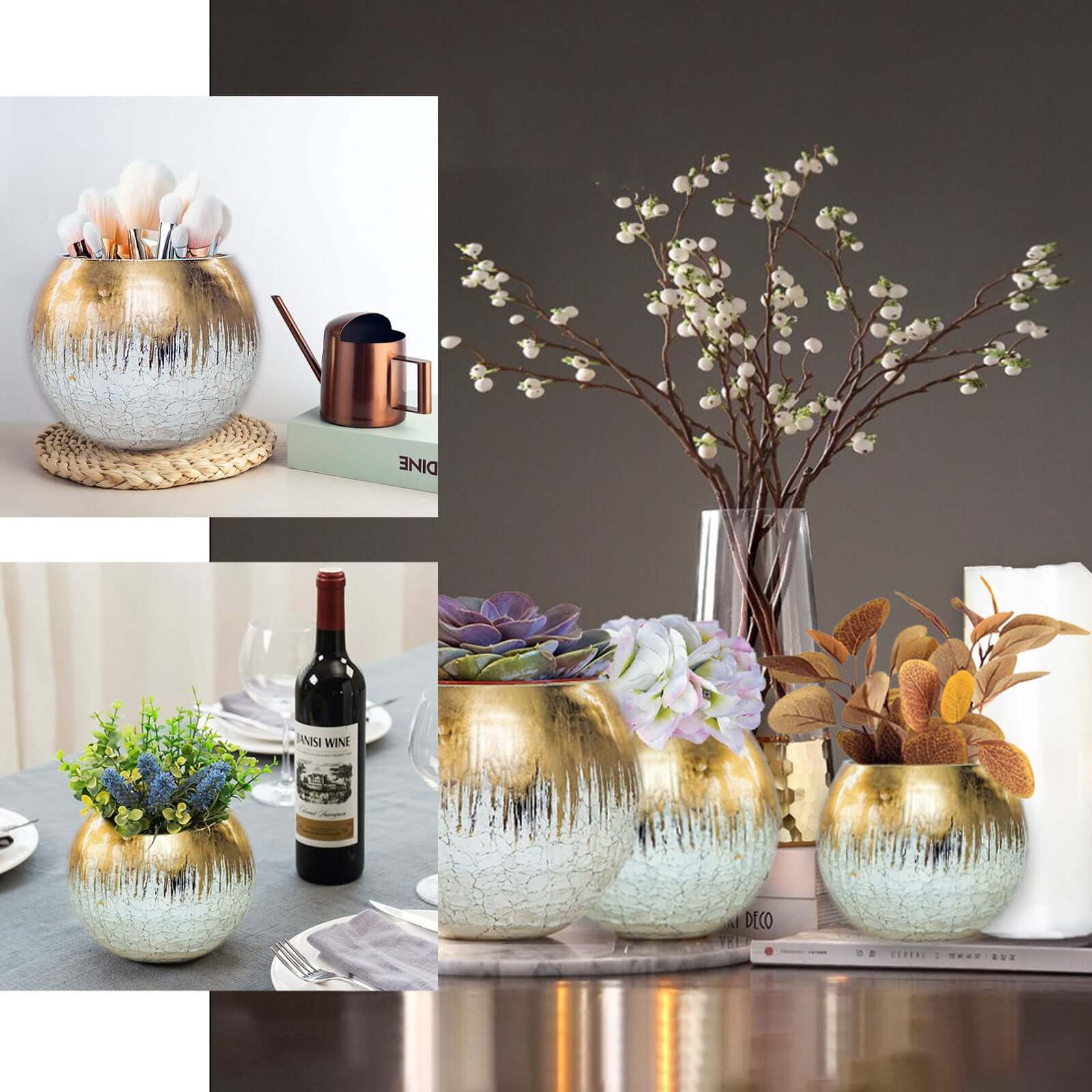 Stylish Gold Foiled Crackle Glass Flower Vase - Ideal Centerpiece for Events, 4.5