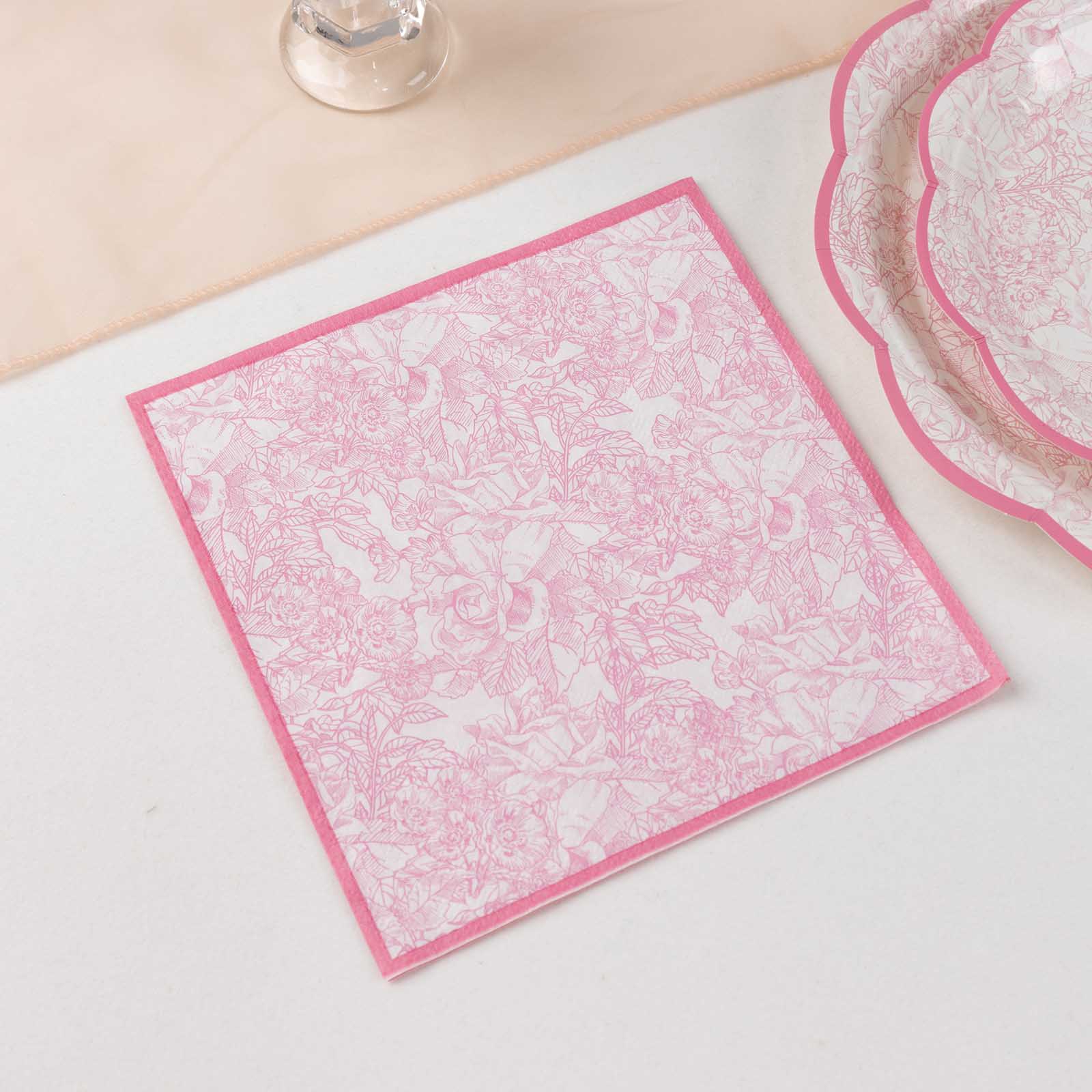 25-Pack Disposable Paper Cocktail Napkins with French Toile Floral Print in White/Pink - Highly Absorbent 2 Ply