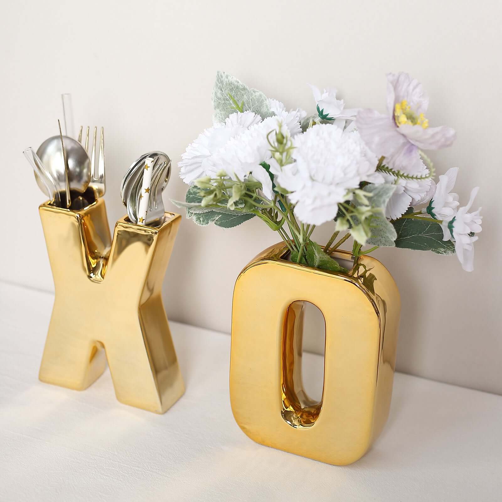 Elegant Gold-Plated Ceramic Letter K Vase - Ideal Planter for Events and Decor
