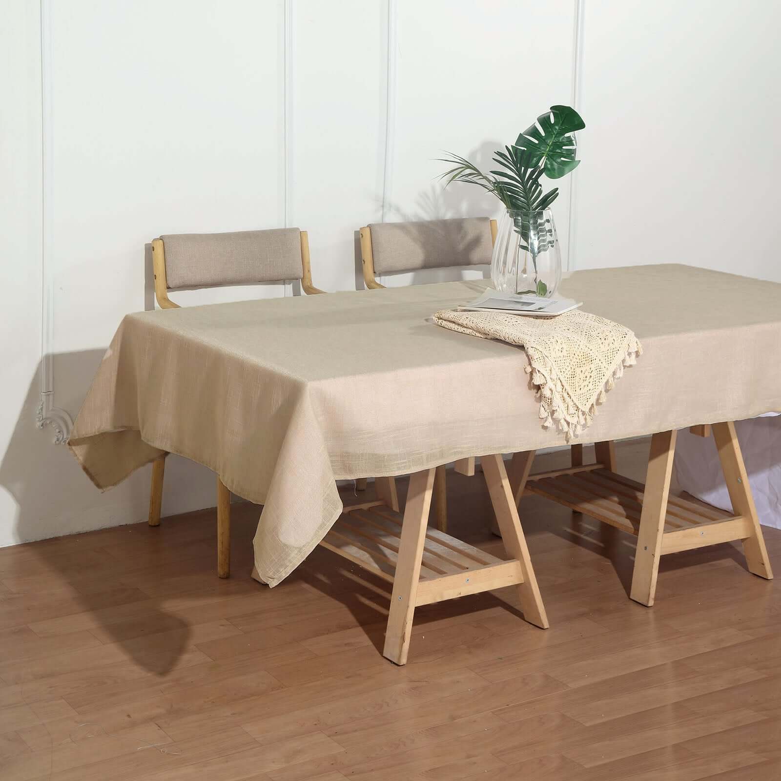 Beige Faux Linen Rectangular Tablecloth - Wrinkle Resistant & Slubby Texture