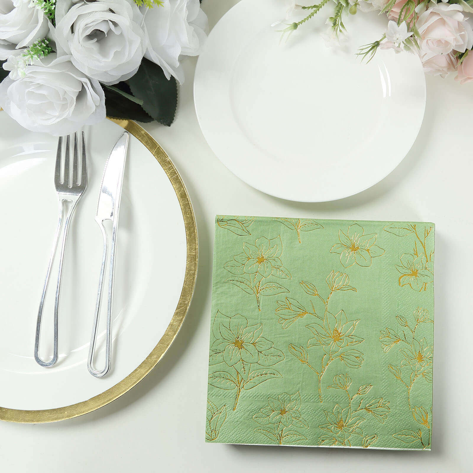 50-Pack Premium 2-Ply Absorbent Soft Paper Cocktail Napkins with Gold Magnolia Print in Sage Green