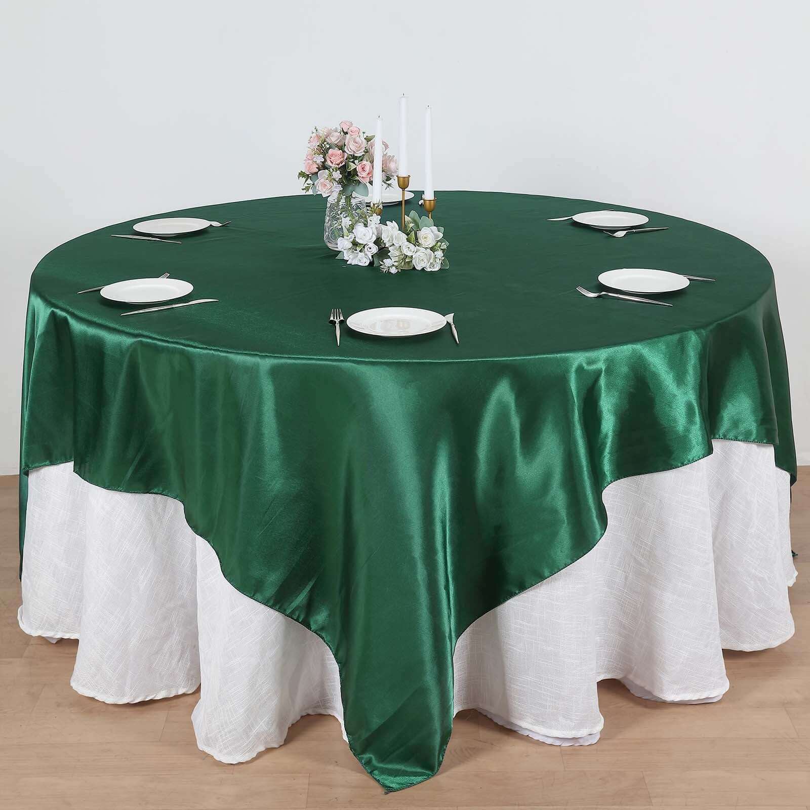 Exclusive Satin Square Table Overlay - 90x90 Hunter Emerald Green Table Topper with Smooth Finish
