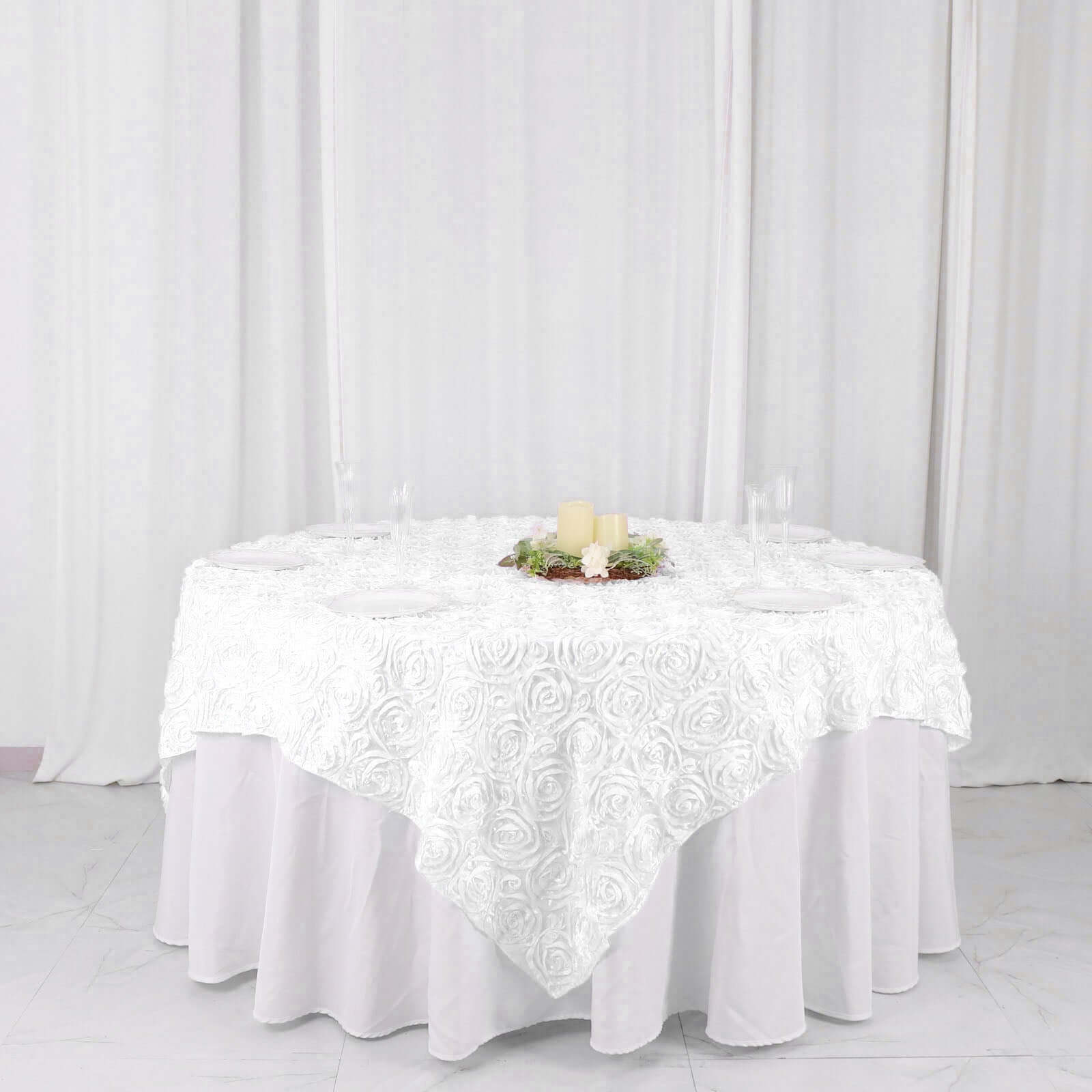 Stylish White Satin 72x72 Square Table Overlay with 3D Rosette Design for Special Occasions
