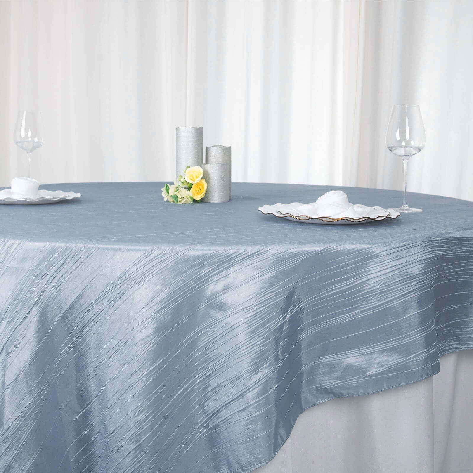 Dusty Blue Accordion Crinkle 90x90 Square Taffeta Table Overlay