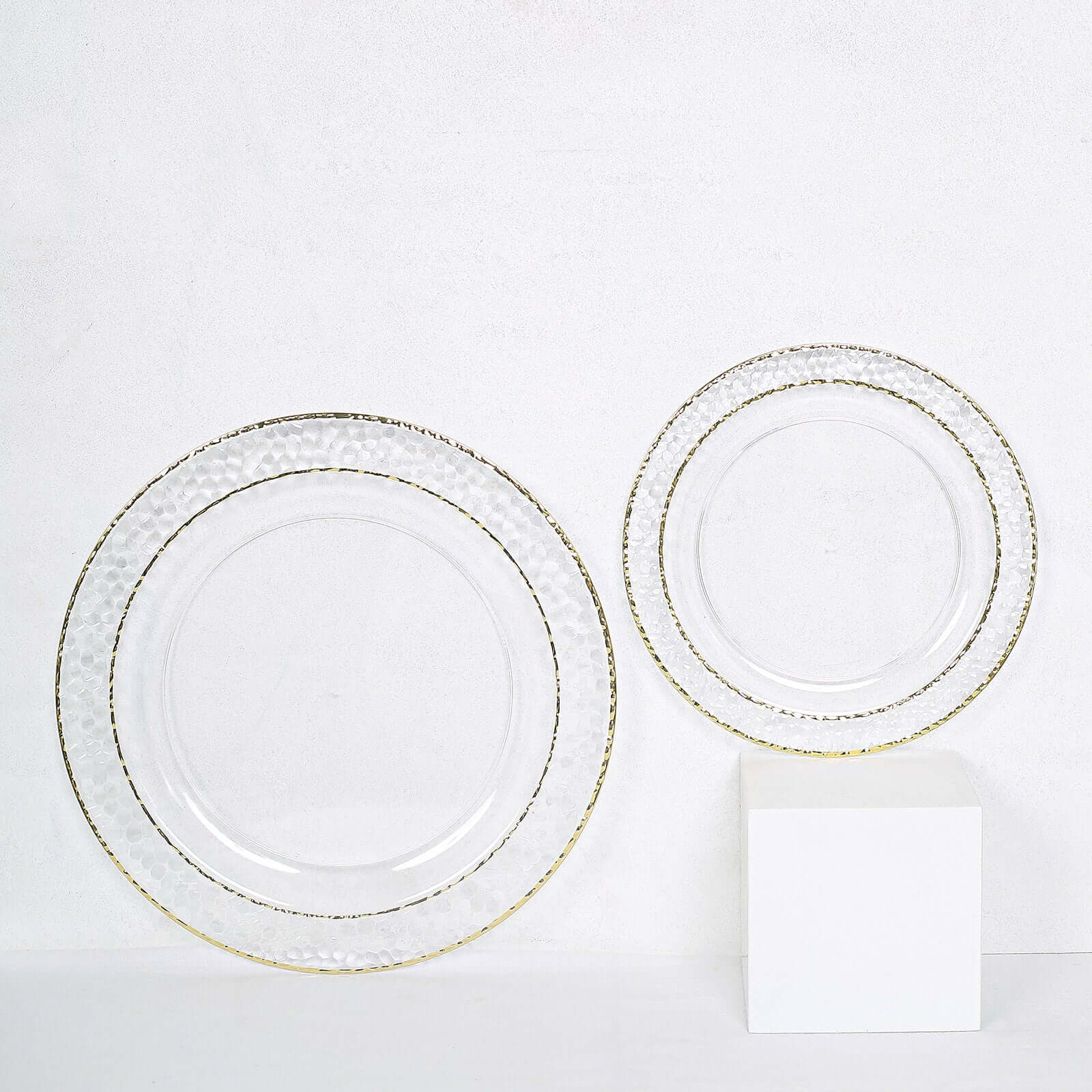 10-Piece Set of Disposable Clear Plastic Appetizer Plates with Hammered Design and Gold Rim for Special Events