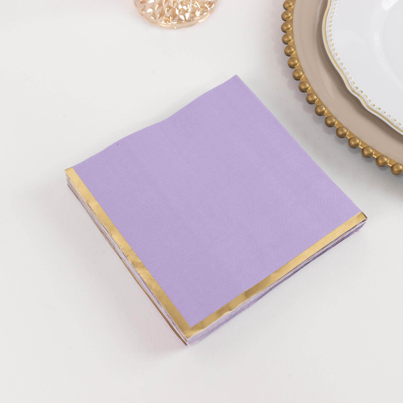 Get 50-Pack Disposable 2-Ply Lavender Cocktail Paper Napkins with Gold Foil Edge for Events
