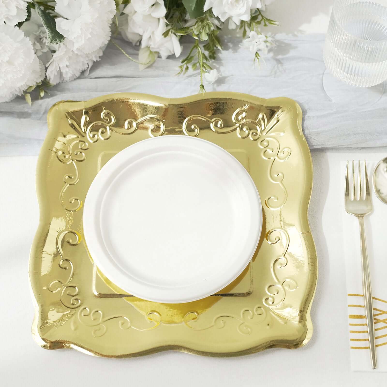 25-Pack Disposable Gold Square Dinner Plates with Vintage Pottery Embossed Design for Glamorous Events