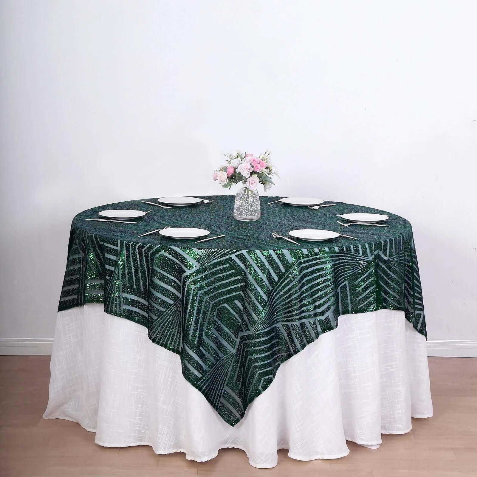 72-Inch Square Hunter Emerald Green Diamond-Pattern Sequin Table Overlay Topper