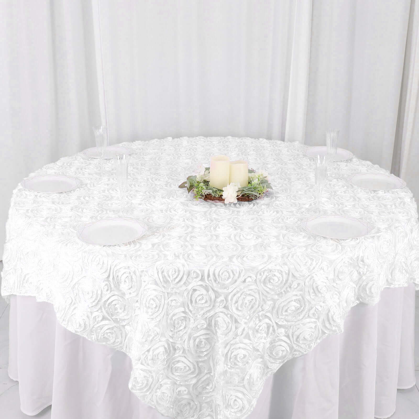 Stylish White Satin 72x72 Square Table Overlay with 3D Rosette Design for Special Occasions