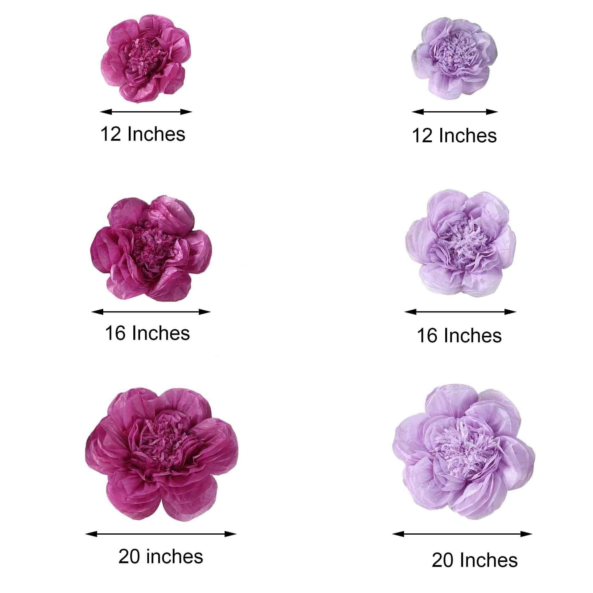 6-Piece Set of Stunning 3D Paper Peony Wall Decor in Lavender and Eggplant, Sizes 12', 16', 20'