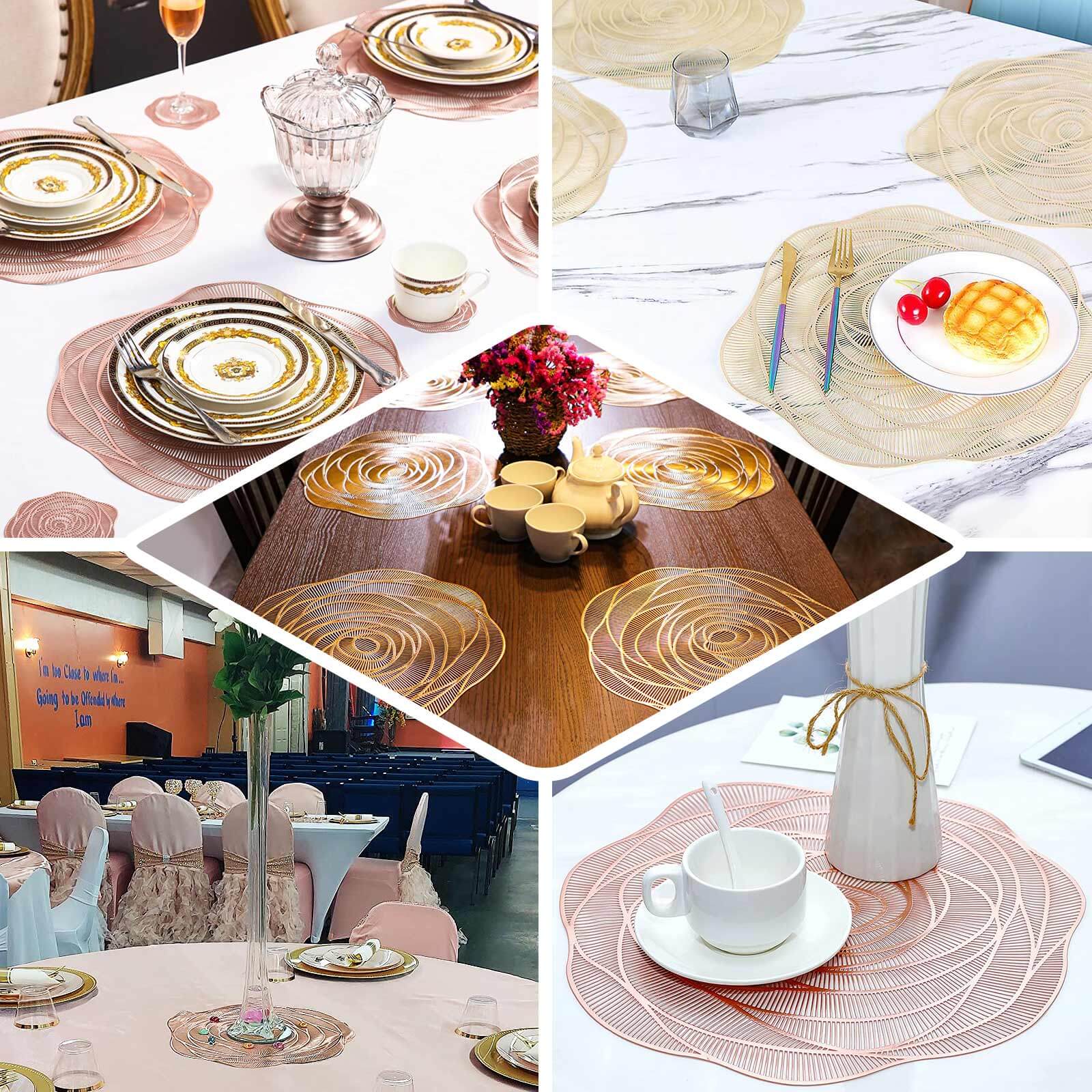 Hot Deal! 6-Pack Metallic Gold Rose Flower Vinyl Round Non-Slip Washable Dining Table Mats, 15"