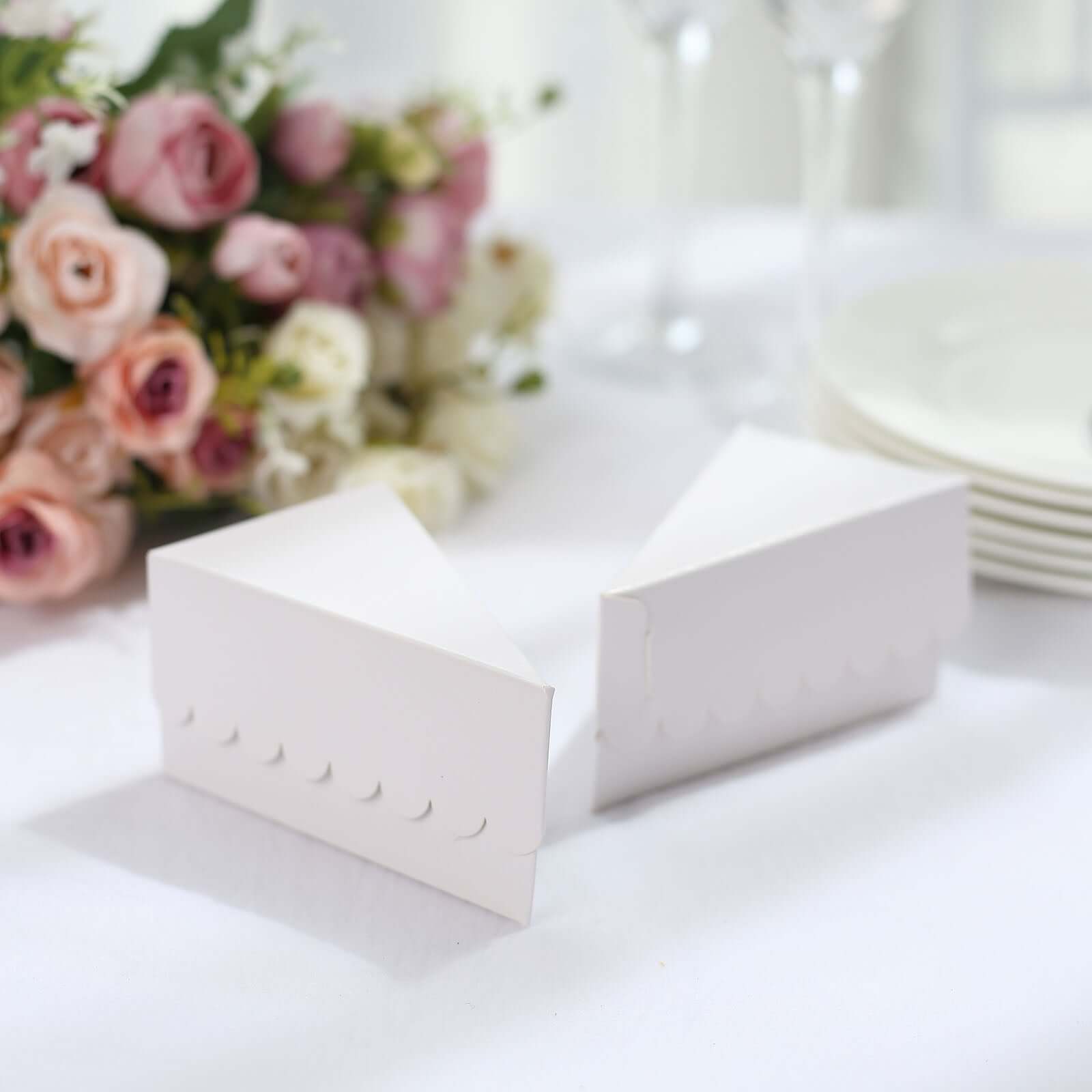 Hot Deal! 10-Pack White Cardstock Triangle Cake Slice Boxes with Scalloped Top for Desserts & Party Favors