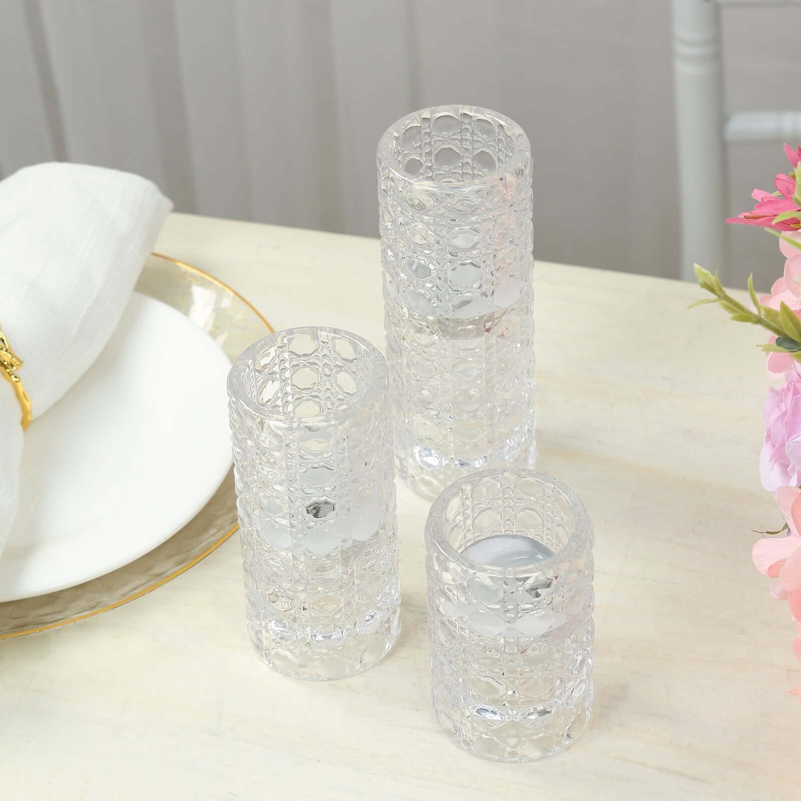 Hot Deal! Set of 3 Clear Glass Taper & Tealight Candle Holders with Gemstone Pattern