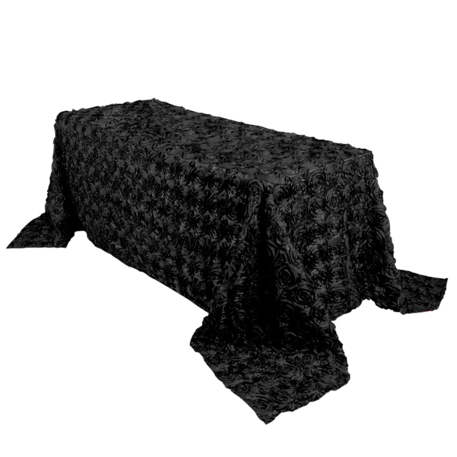 Black Satin Rectangle Tablecloth (90x132) with Stunning 3D Rosette Design for Elegant Gatherings