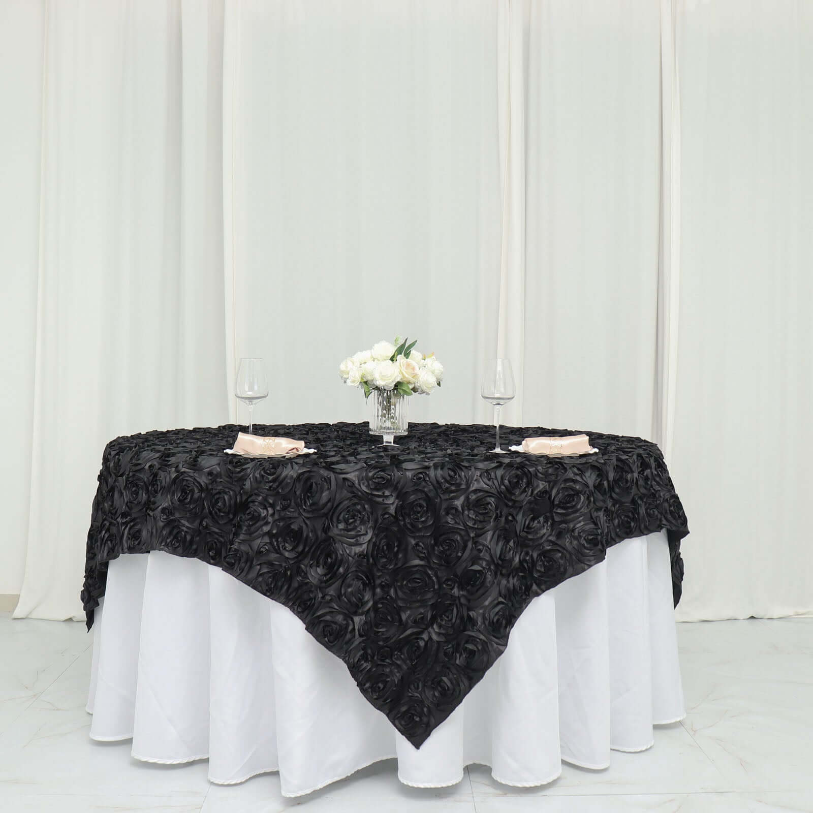 Black 72x72 Satin Square Table Overlay with 3D Rosette Design - Ideal for Stylish Events
