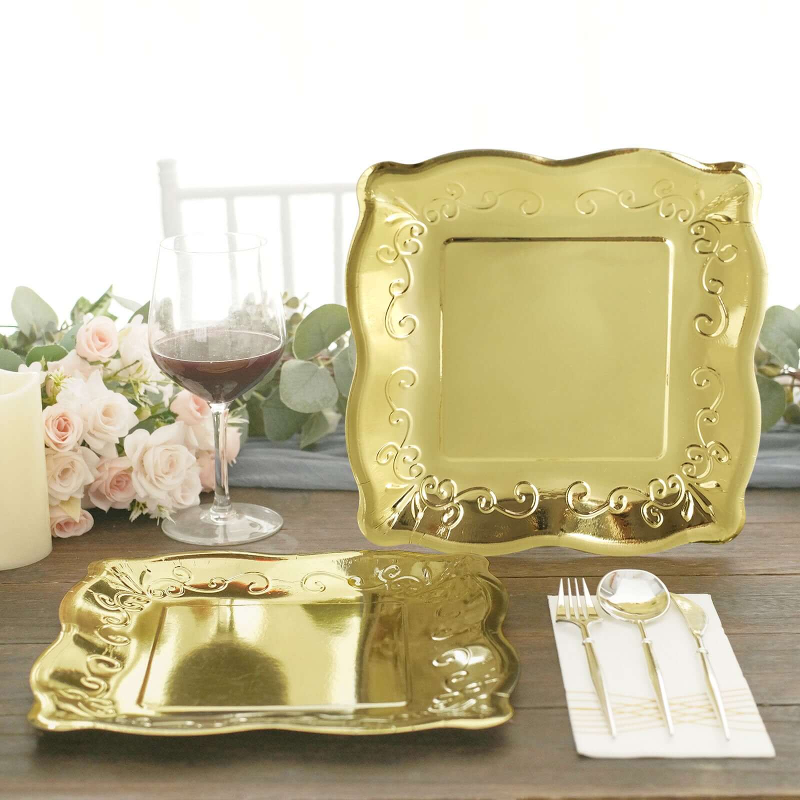 25-Pack Disposable Gold Square Dinner Plates with Vintage Pottery Embossed Design for Glamorous Events