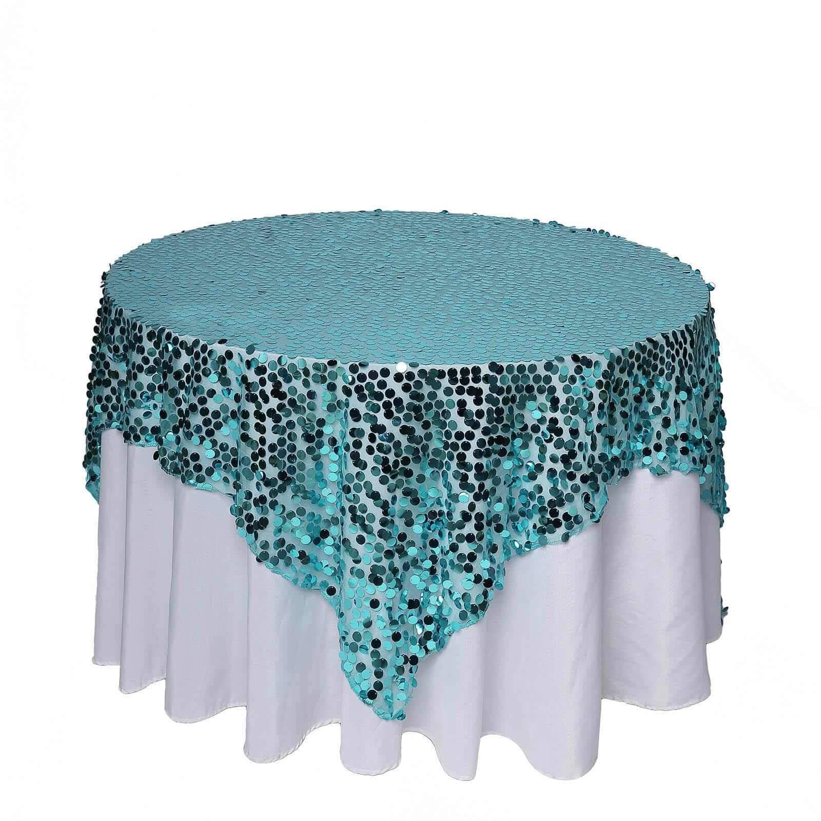 Big Sale! Turquoise Sequin Square Table Overlay, 72x72 Inches for Table Decoration
