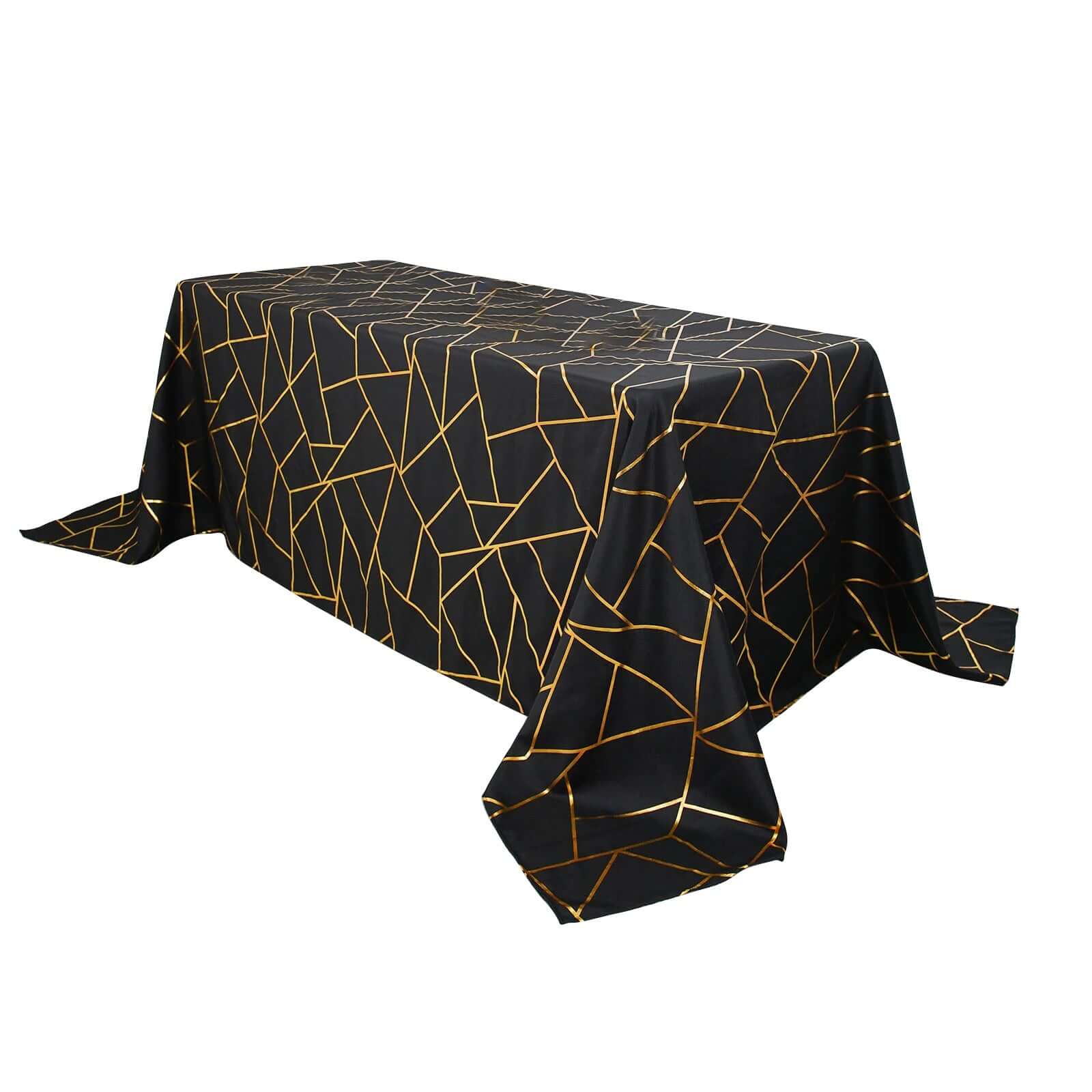 Hot Sale! Wrinkle-Resistant Polyester Black Seamless Tablecloth with Gold Foil Geometric Pattern, 90x132