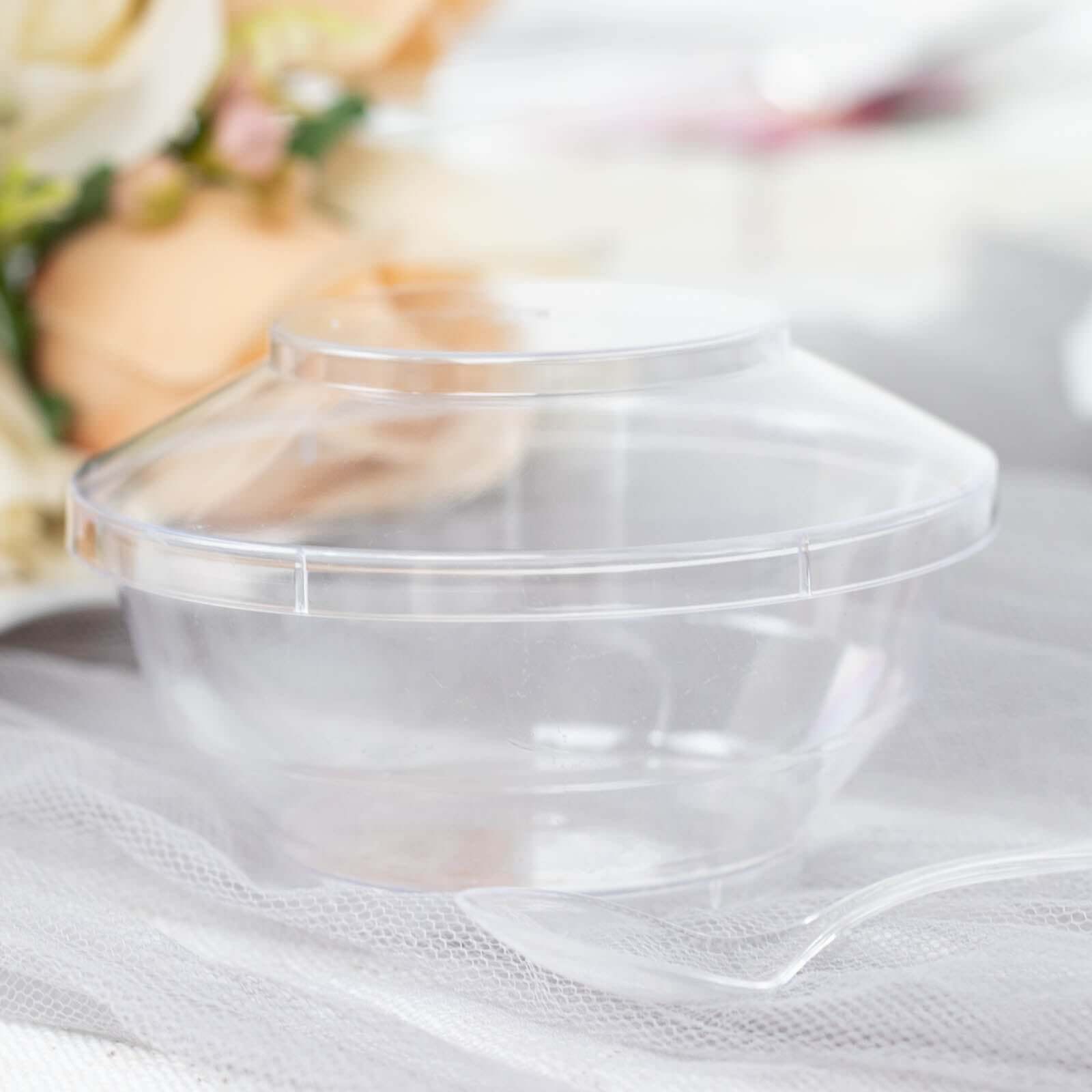 24-Piece Clear Plastic Mini Party Bowl Set with Lid and Spoon - 3.5oz Ideal for Desserts