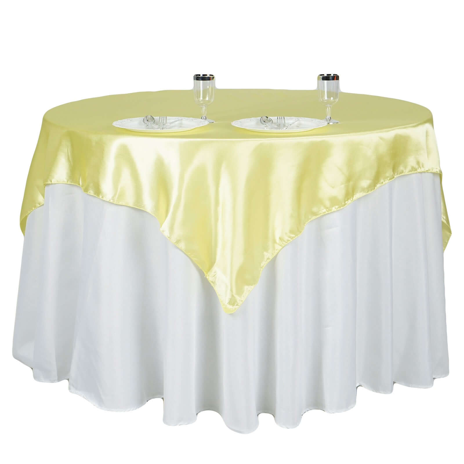 Hot Deal! 60x60 Yellow Satin Square Table Overlay - Smooth & Silky Table Cover