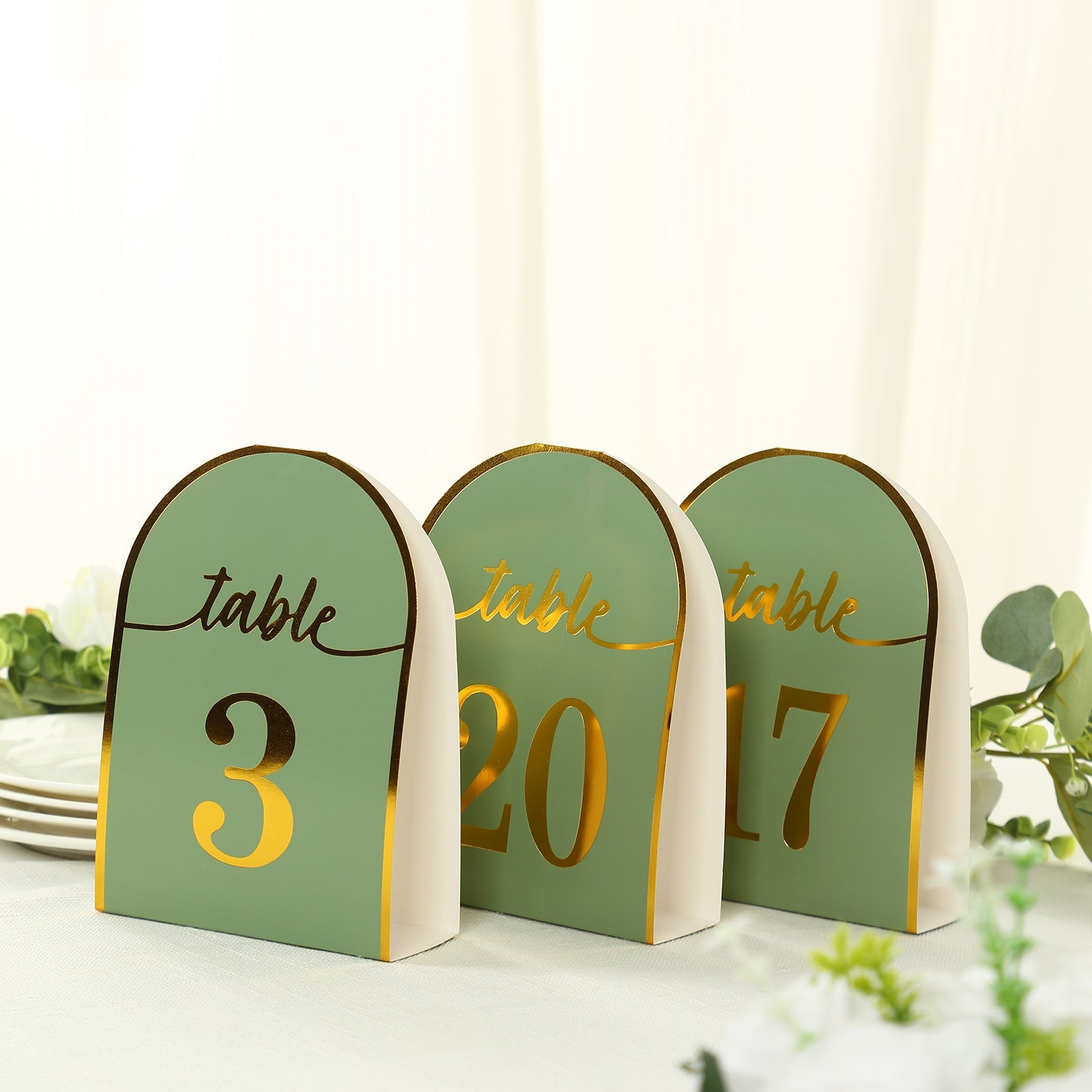 Hot Deal! 25-Pack Sage Green Disposable Double-Sided Table Numbers with Gold Foil 1-25