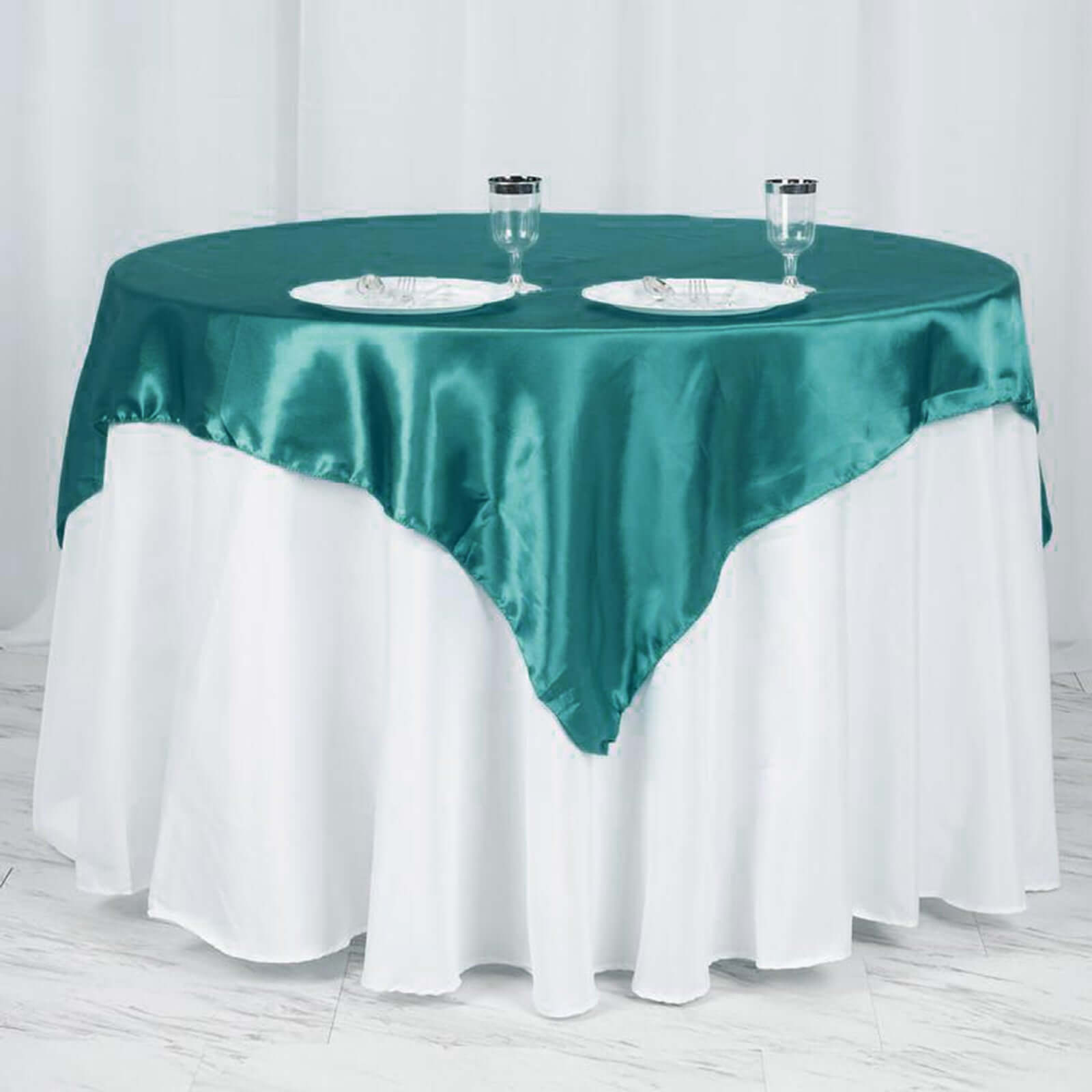 Turquoise Satin Square Table Overlay - 60x60 Size, Smooth Silky Touch Table Cover