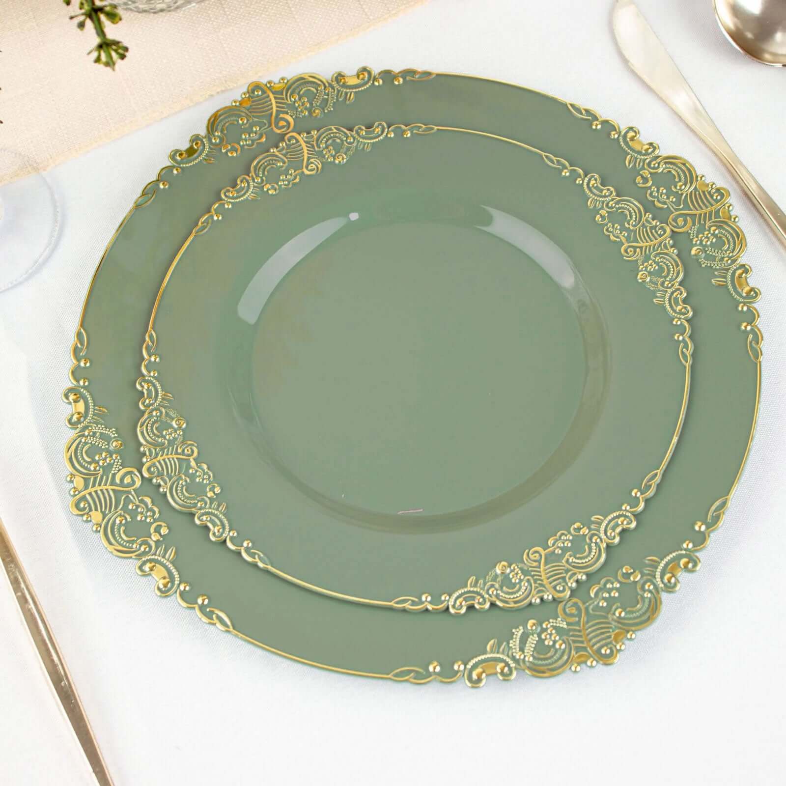10-Pack Disposable Vintage Baroque Style Plastic Round Salad Dessert Plates in Dusty Sage Green with Gold Leaf Rim