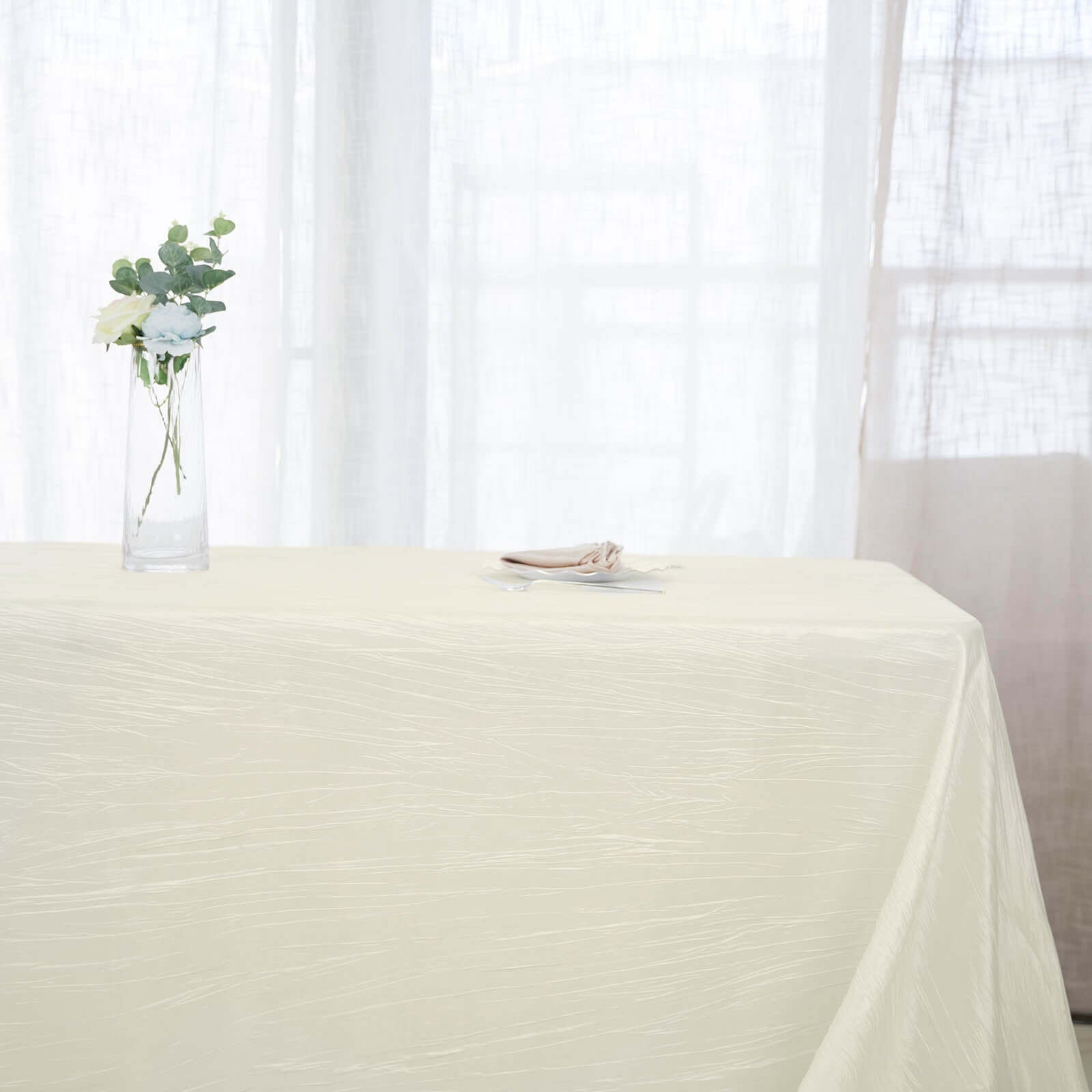 Ivory Crinkle Taffeta Rectangle Tablecloth 90x156 - Seamless Accordion Design