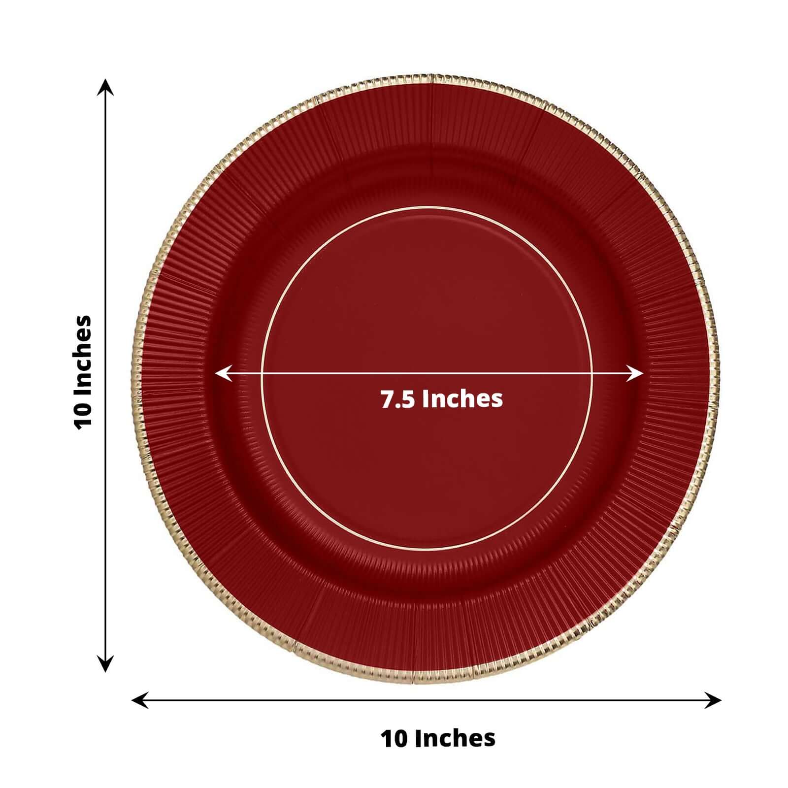 25-Pack Disposable Heavy Duty 350GSM Paper Round Dinner Plates in Burgundy Sunray Design with Gold Rim - Perfect for Parties