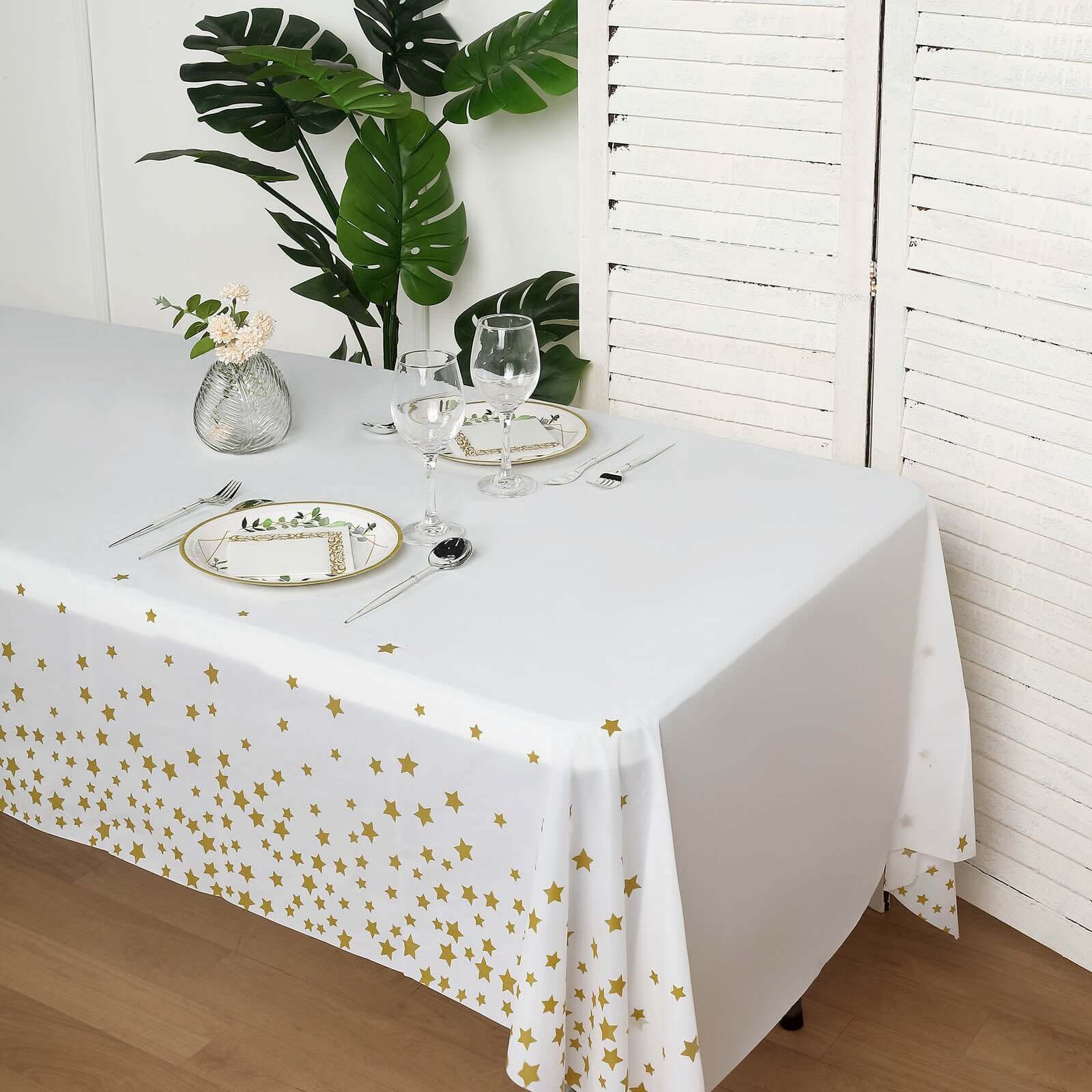 5-Pack Disposable White PVC Table Covers with Gold Stars, 54x108 Rectangle