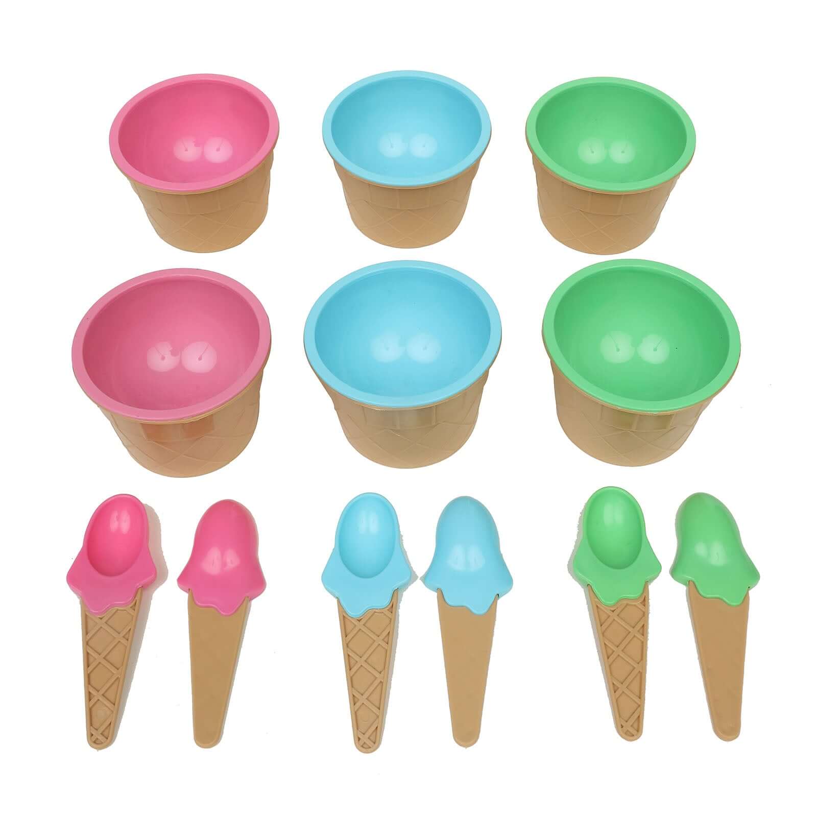 Set of 6 BPA-Free Plastic Dessert Cups with Waffle Design in Blue, Green, Pink & Matching Spoons