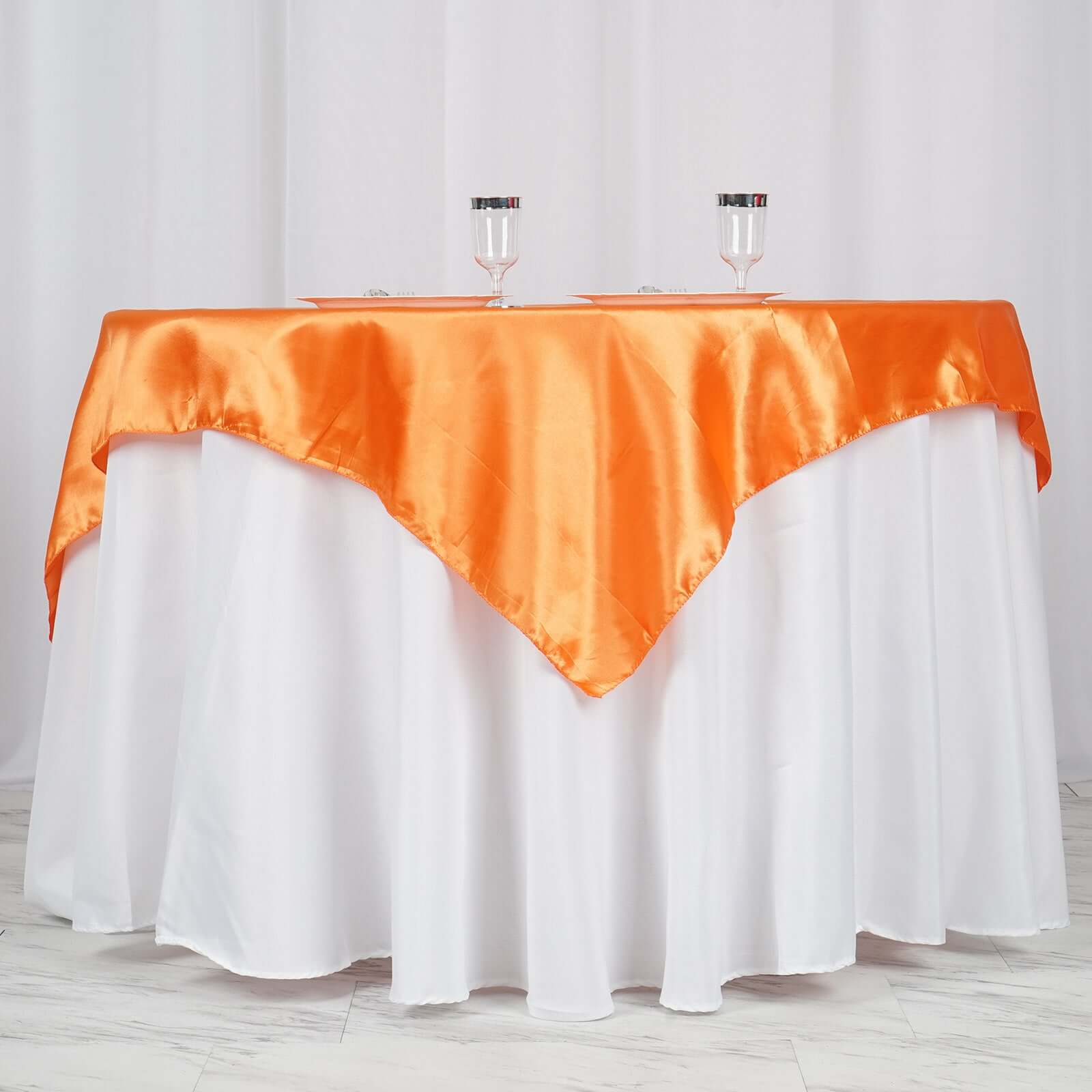 Hot Deal! Orange Satin 60x60 Square Table Overlay with Smooth Silky Touch