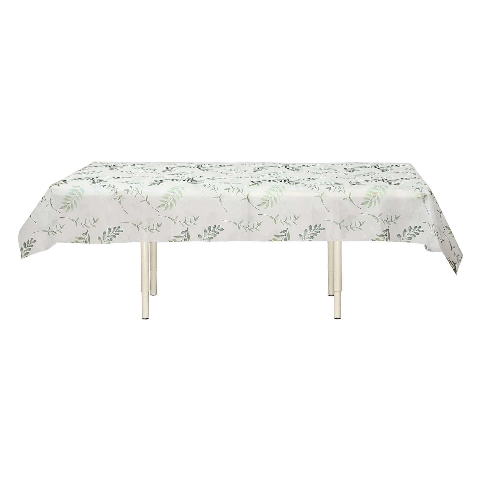 Hot Deal! Disposable Non-Woven Rectangle Tablecloth in White/Green with Olive Leaves Print, 60x102 for Summer