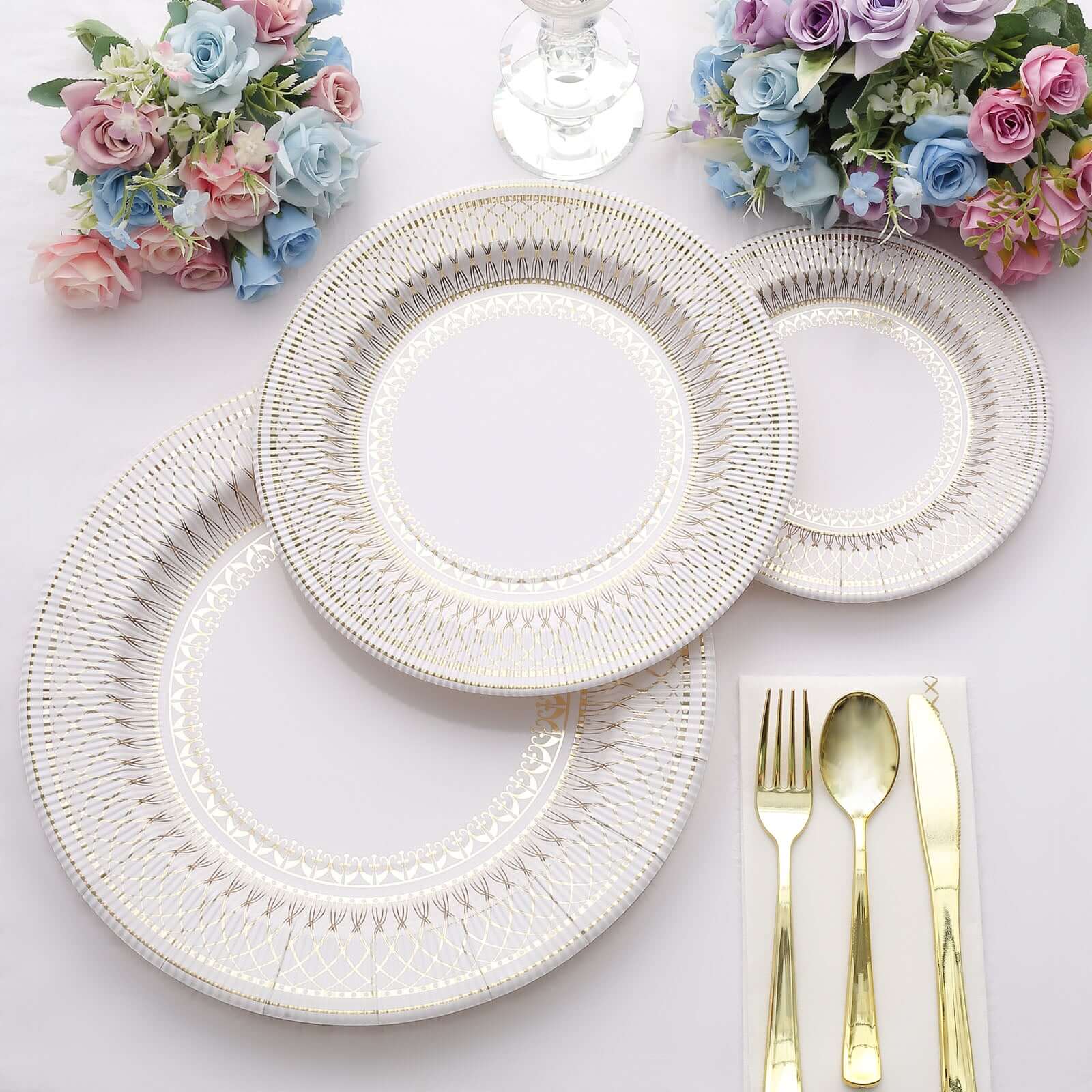 25-Pack Disposable 8-Inch White Salad Plates with Gold Vintage Porcelain Rim - Premium Quality