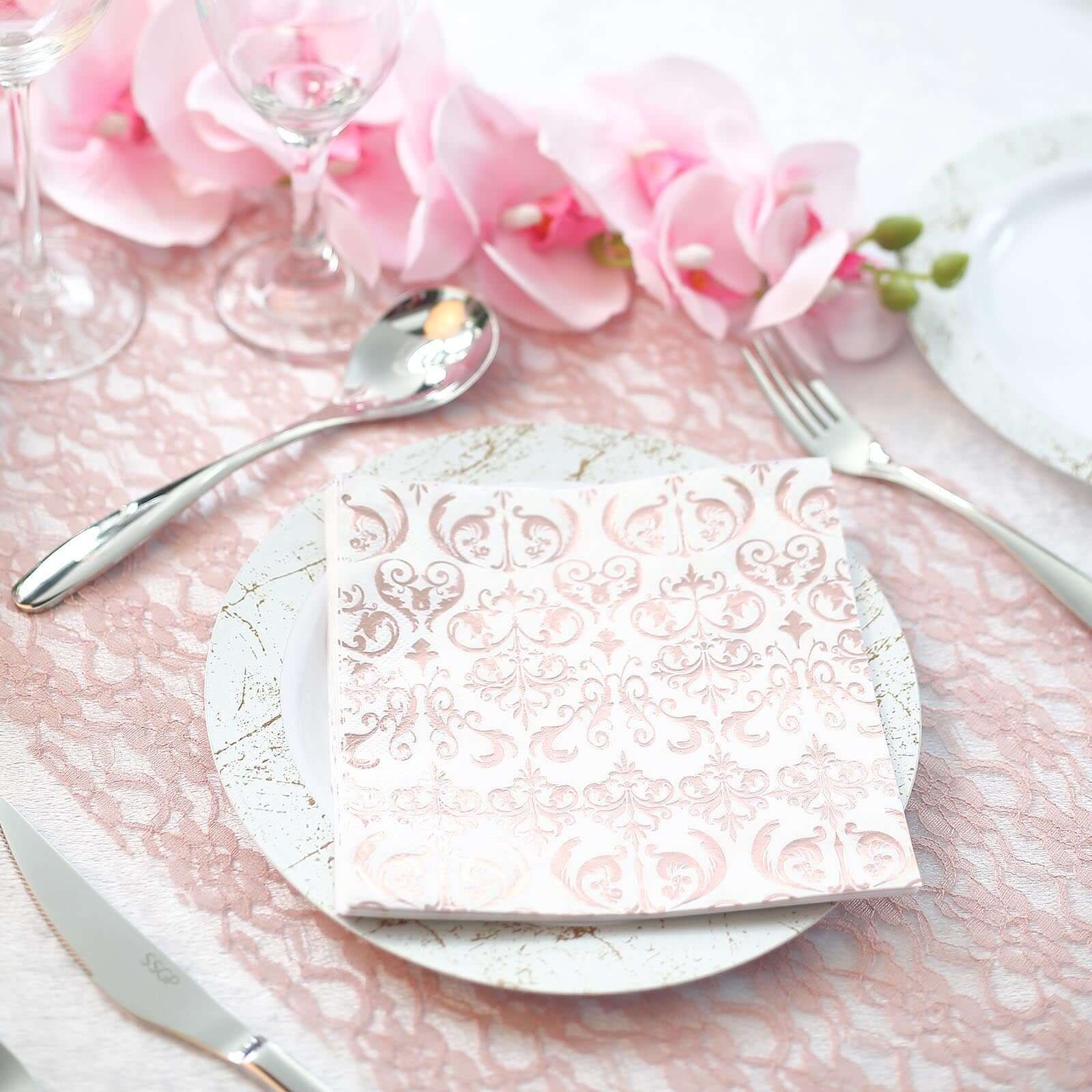 20-Pack Disposable 3-Ply Vintage Rose Gold Metallic Print Paper Dinner Napkins for Weddings