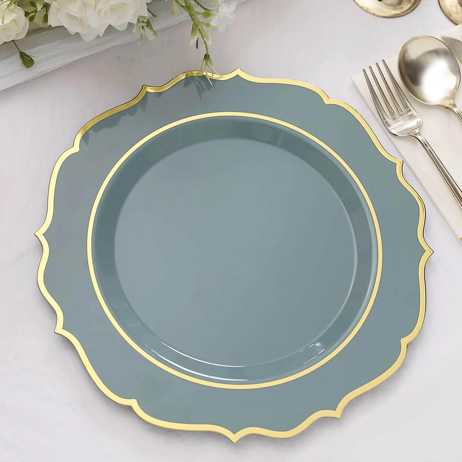 Get 10-Pack of Disposable Dusty Blue Plastic Round Dinner Plates with Gold Scalloped Rims for Party