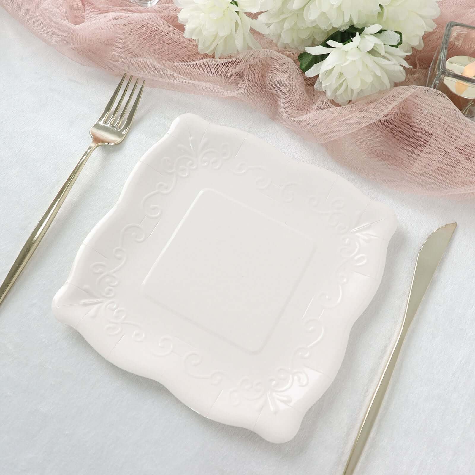 25-Pack White 7-Inch Square Disposable Dessert Plates with Vintage Pottery Embossed Design - Ideal for Special Events