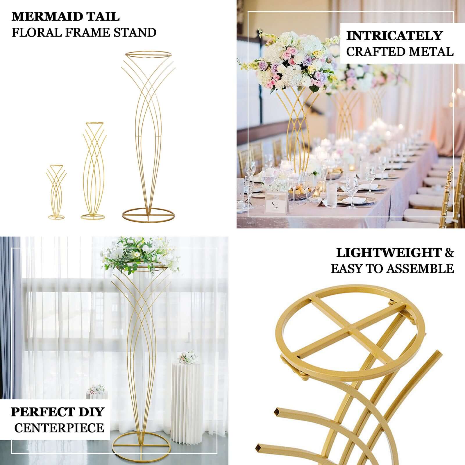 4ft Tall Gold Metal Wired Floral Display Stand in Mermaid Tail Style for Weddings