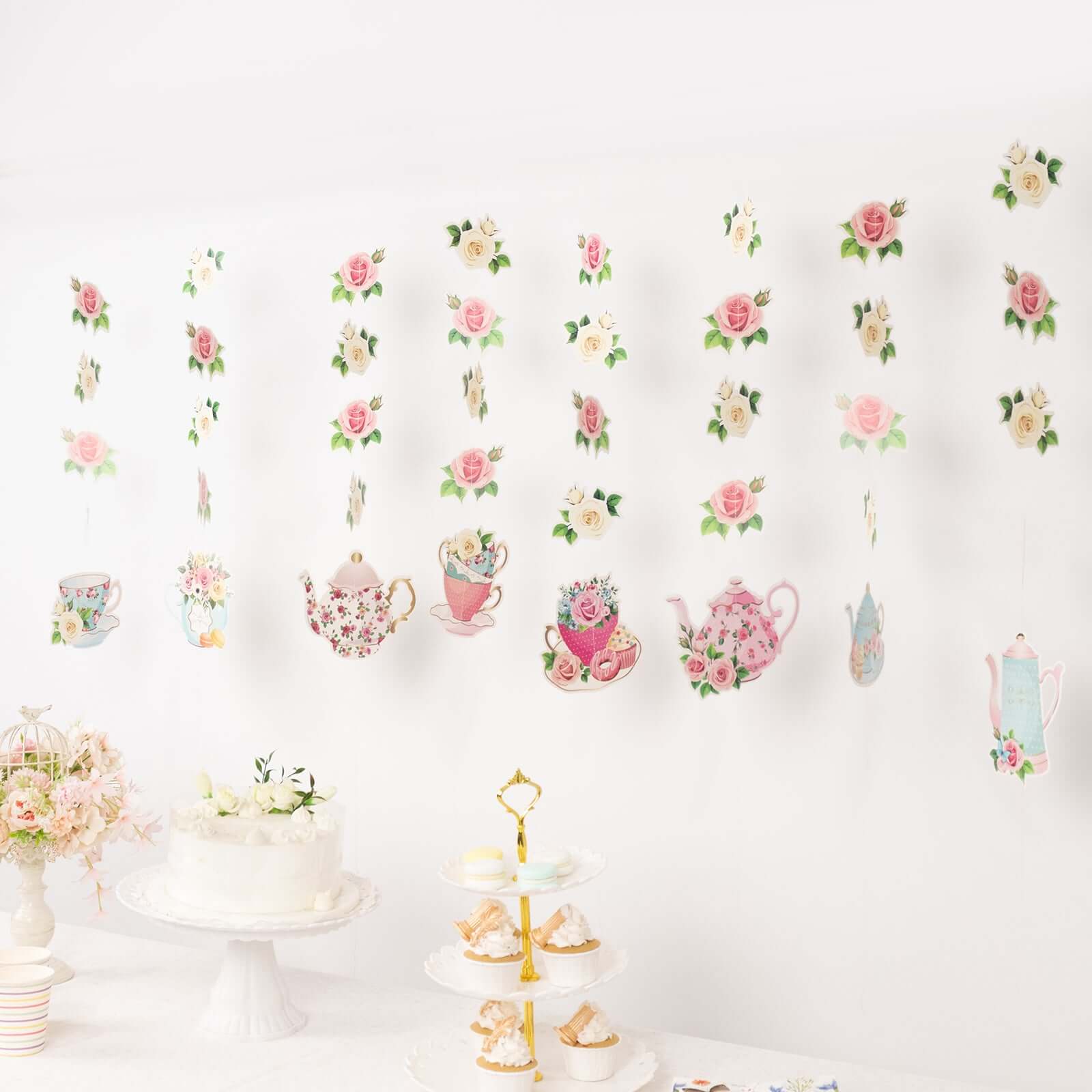 8-Pack Double-Sided Floral Tea Party Paper Garland Set: 40 Pre-Assembled Mixed Teapot Decorations