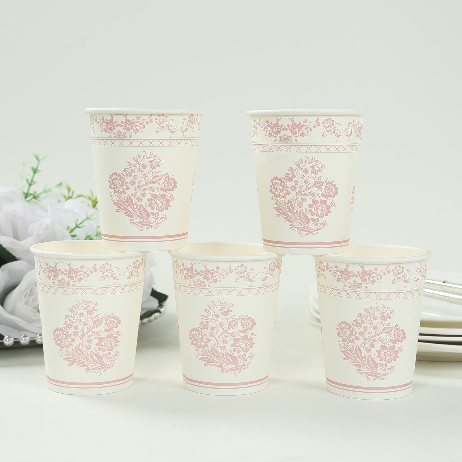 Hot Deal! 24-Pack 9oz Disposable Paper Party Cups in Elegant White Pink French Toile Pattern