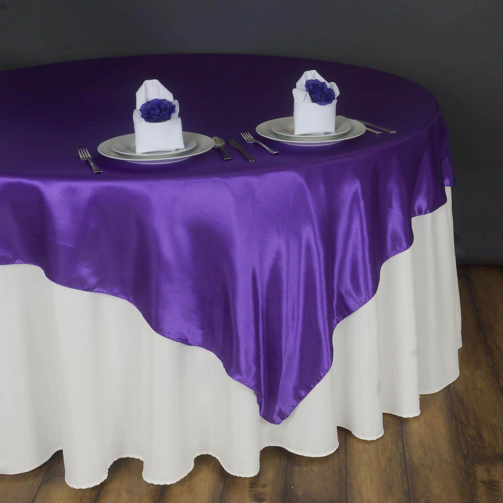 Purple Satin 90x90 Square Table Overlay - Smooth Finish, Ideal Table Topper