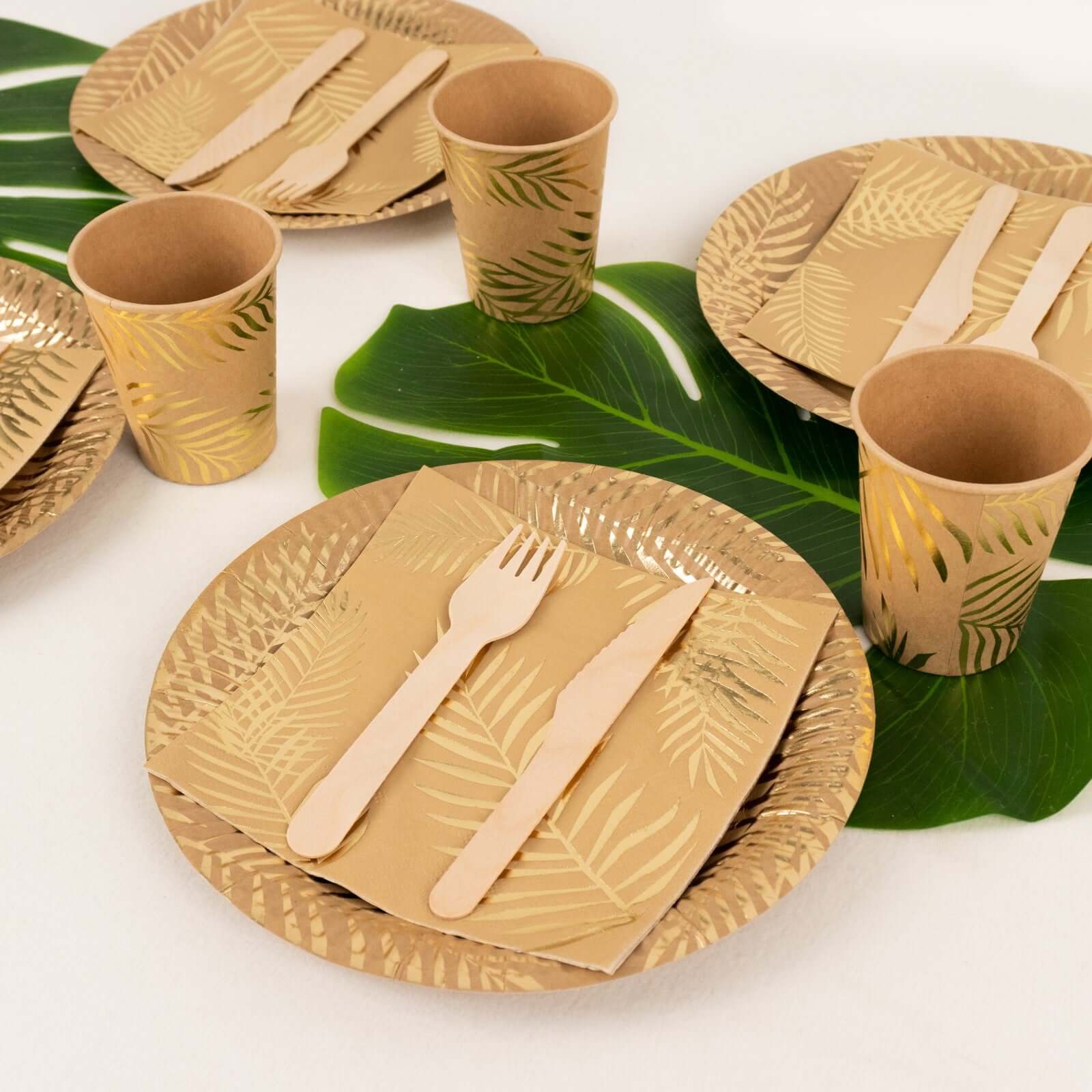 Hot Sale! 72-Piece Disposable Paper Dinnerware Set with Gold Foil Palm Leaves Print