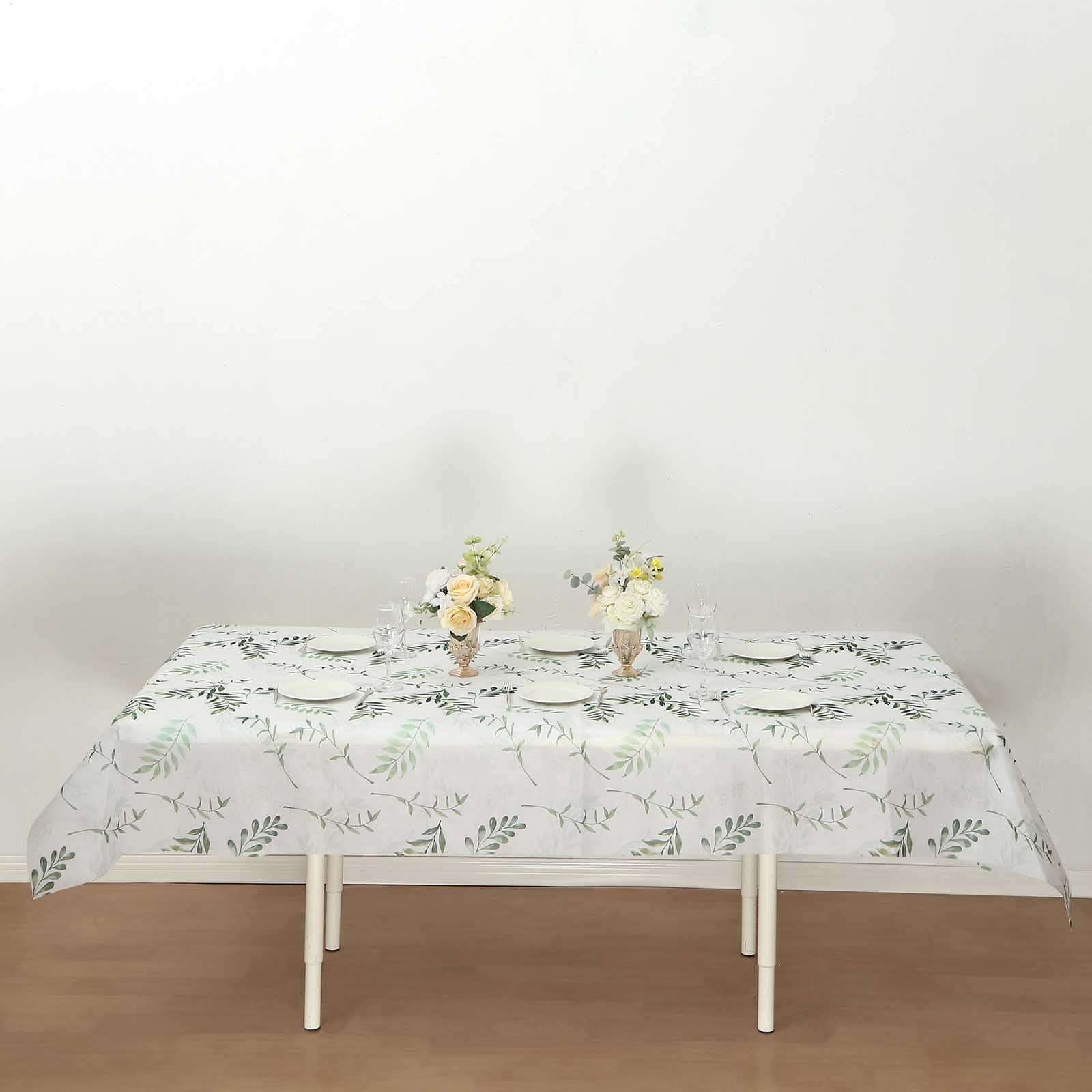 Hot Deal! Disposable Non-Woven Rectangle Tablecloth in White/Green with Olive Leaves Print, 60x102 for Summer