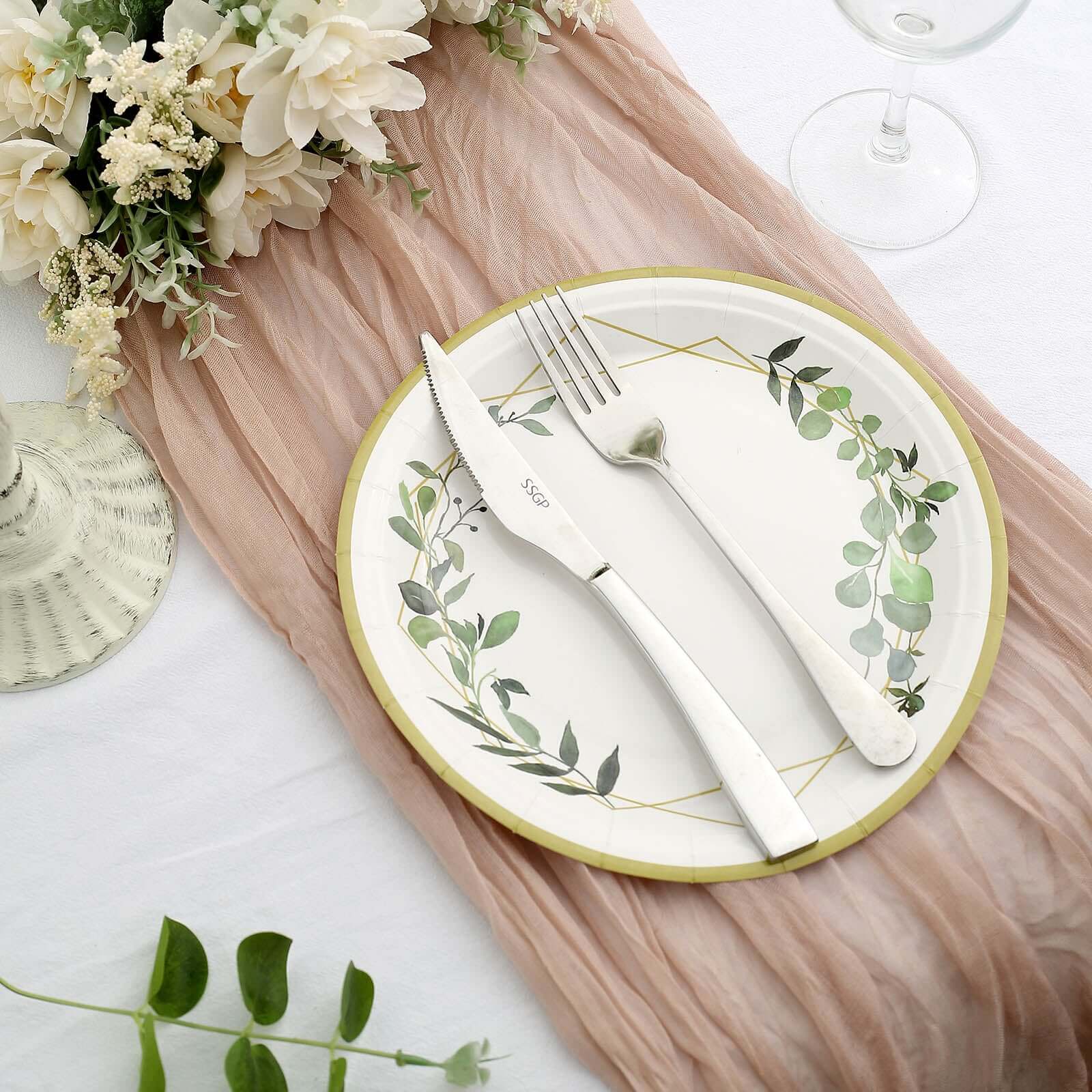24-Pack 9-Inch White Disposable Paper Dinner Plates with Eucalyptus & Gold Rim