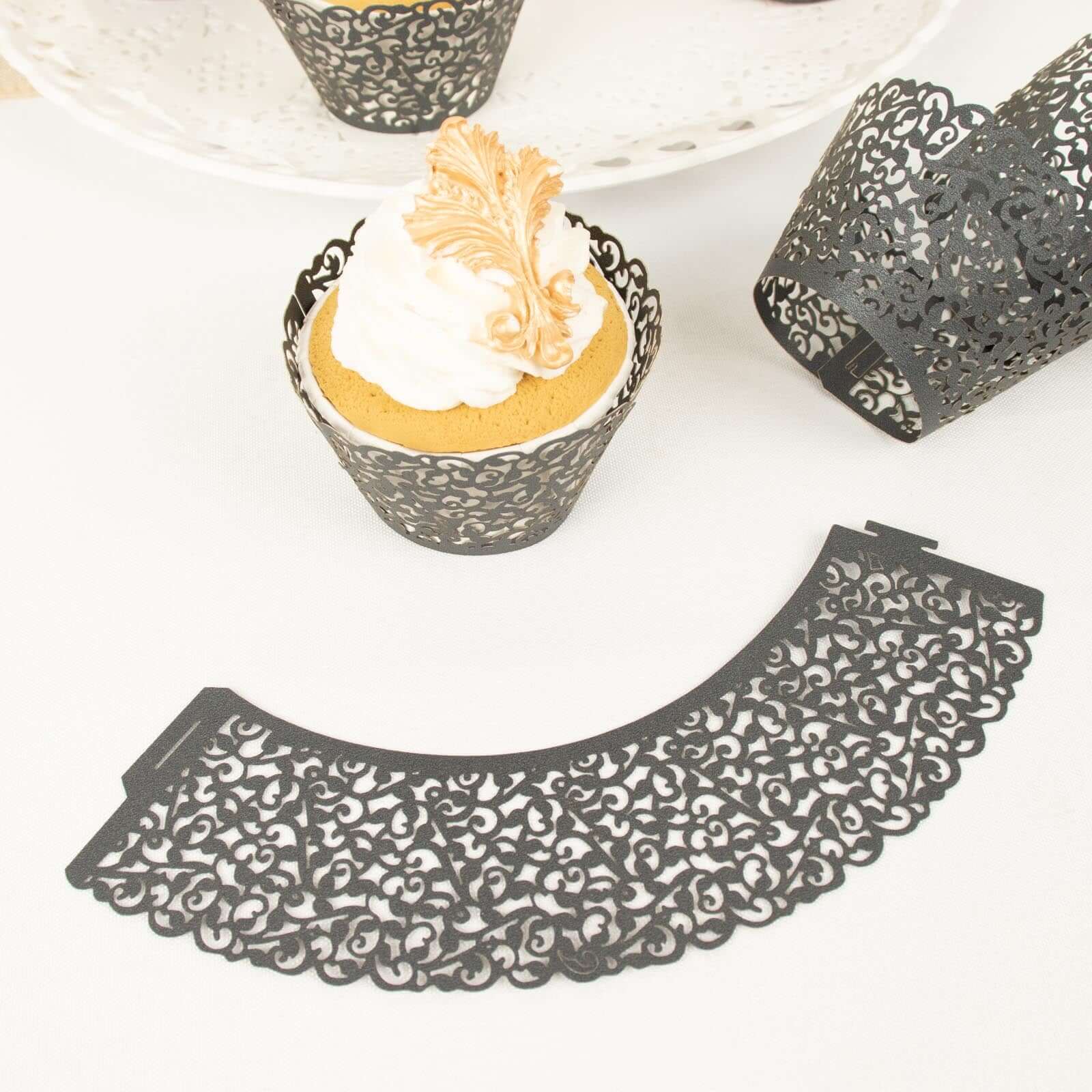 25-Pack Premium Black Lace Laser-Cut Paper Cupcake Wrappers - Ideal for Events