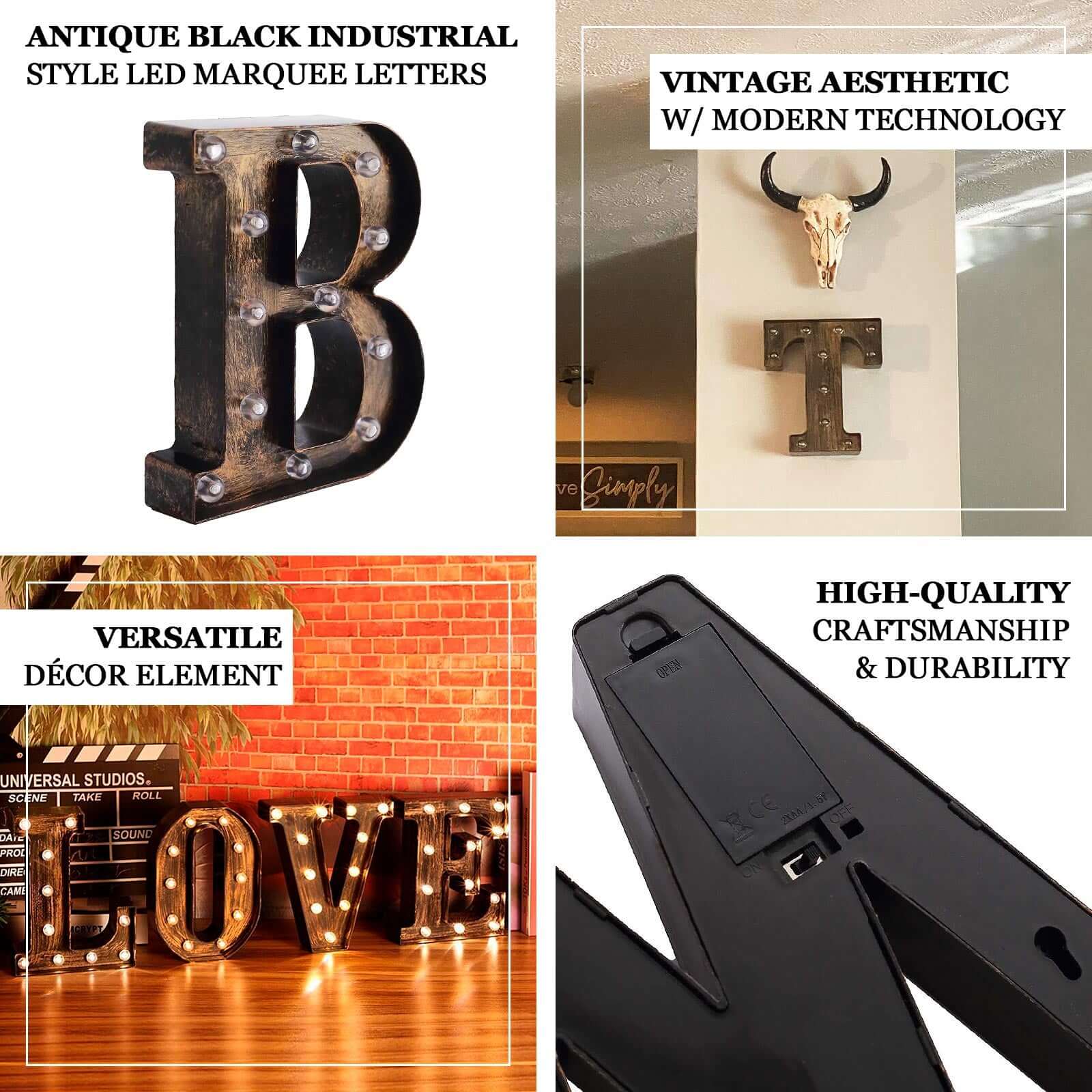 Industrial Style Antique Black LED Marquee Letter B - Light-Up Alphabet Sign for Weddings and Displays