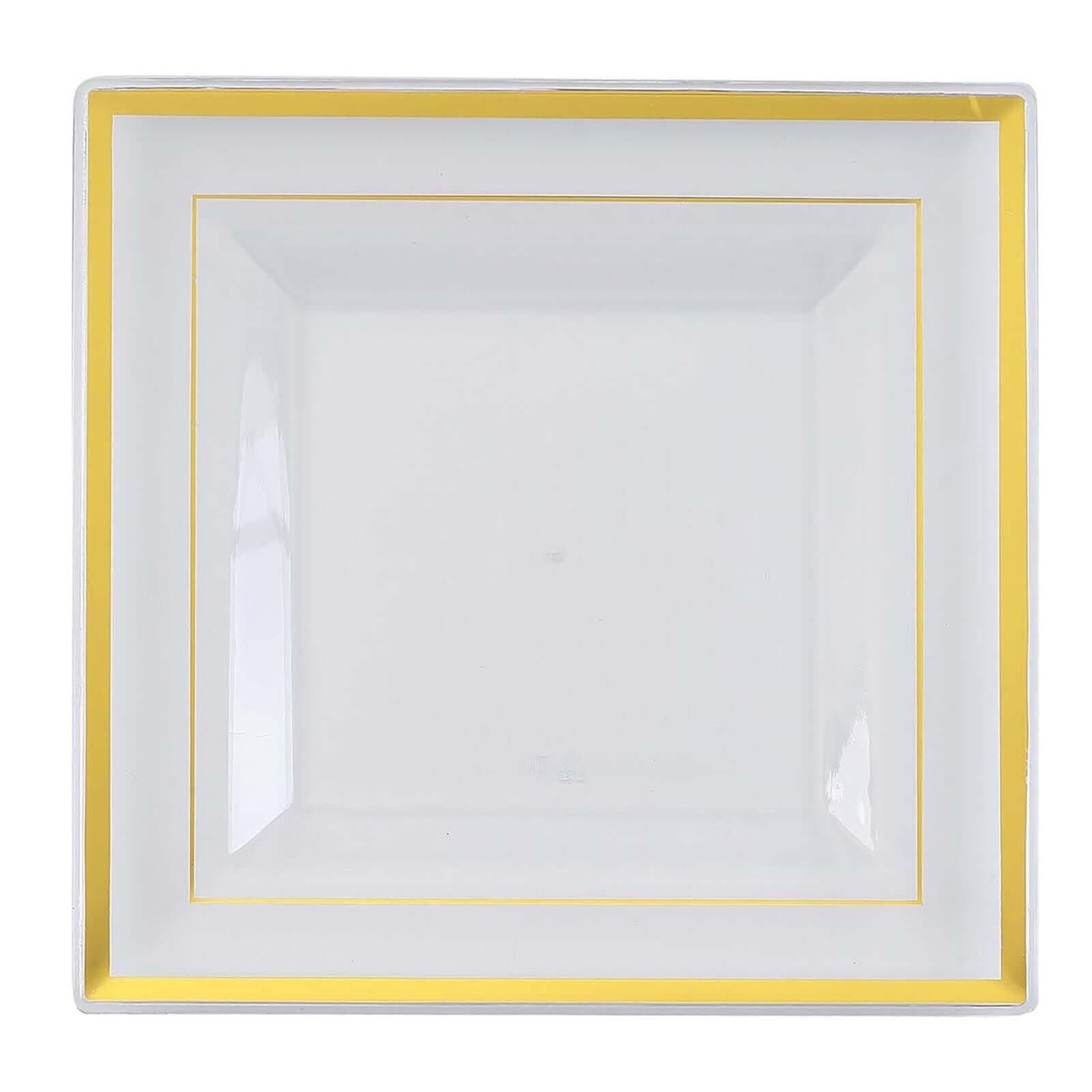 10-Pack Disposable Clear Square Salad & Dessert Plastic Plates with Elegant Gold Trim, 7 Inches